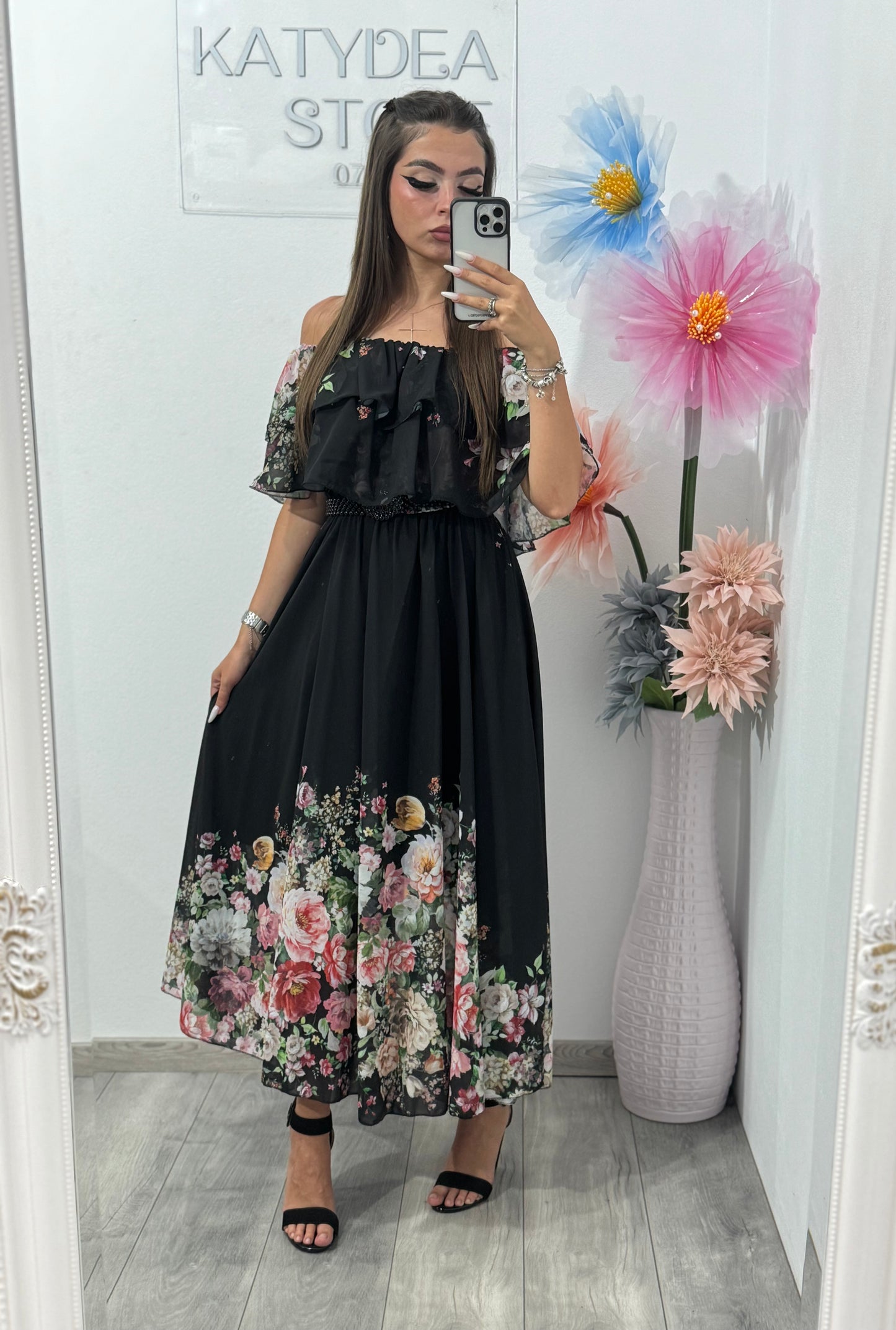 Rochie din voal cu imprimeu negru Delilah