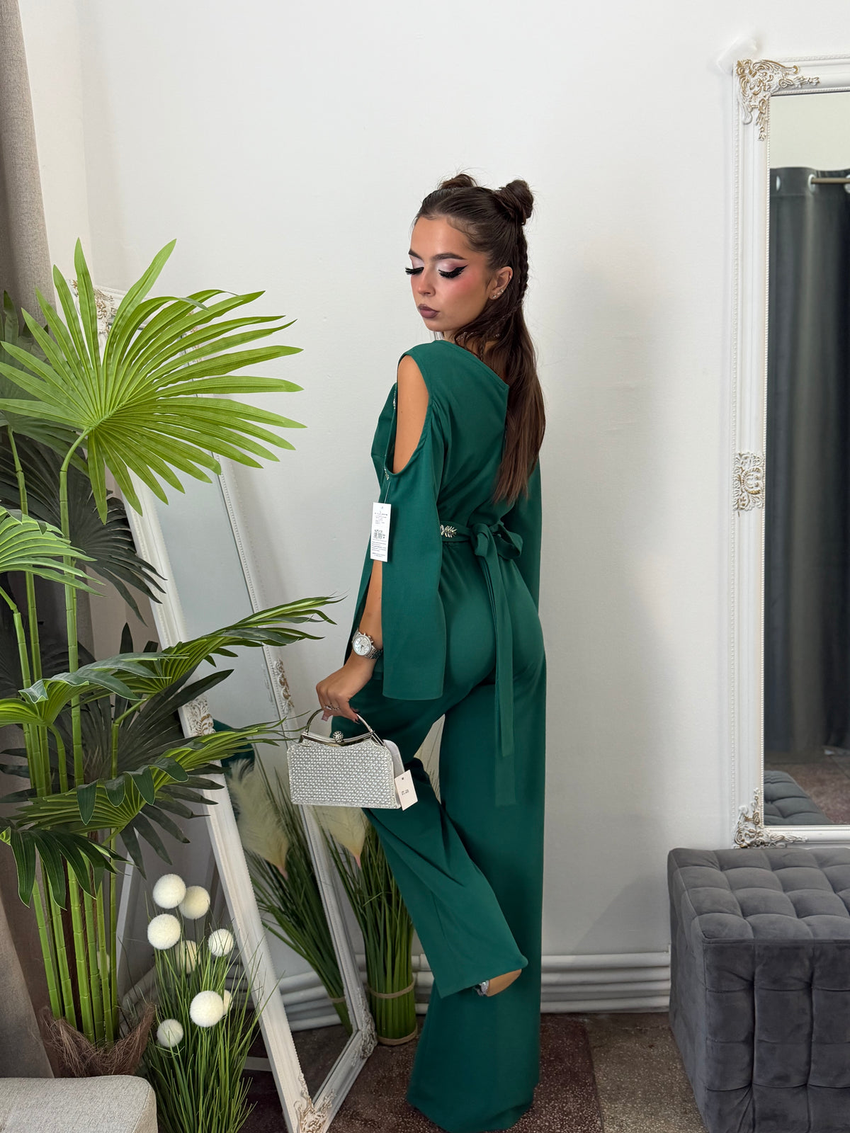 Salopetă elegantă verde cu detalii argintii ELSA