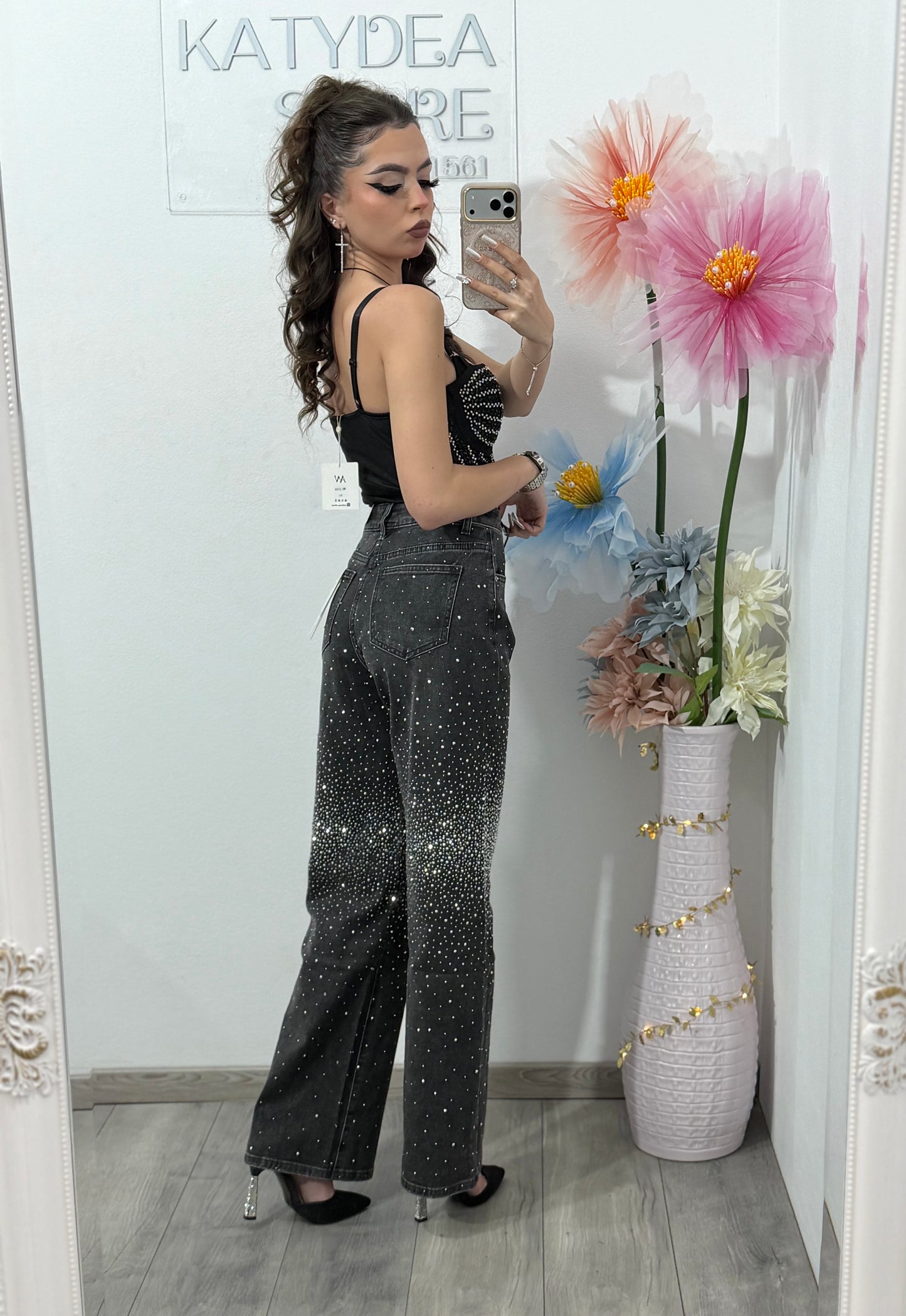 Jeans WideLeg gri cu cristale ștanțate MAYA