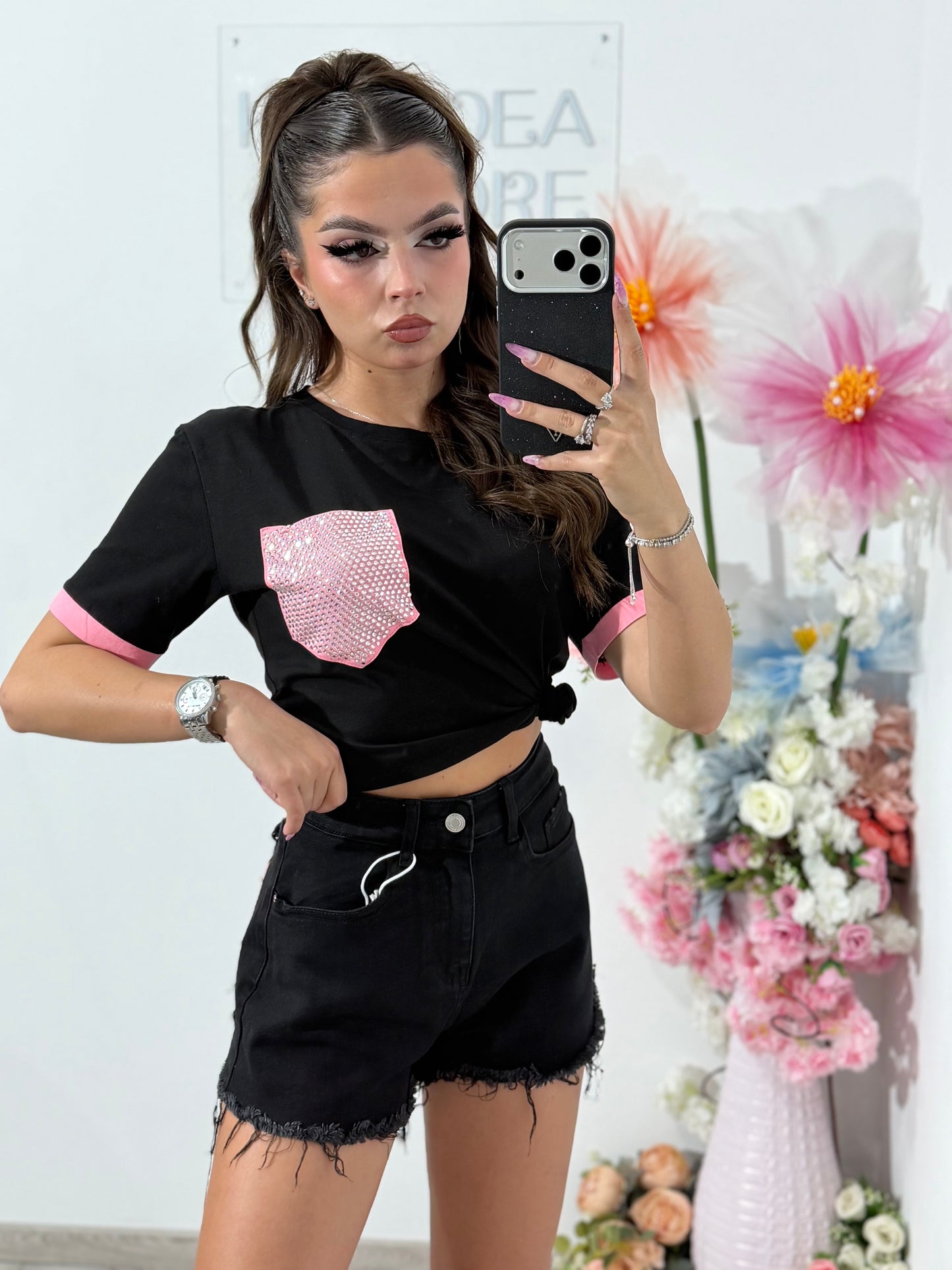 Pantaloni scurți din denim negru  PINK