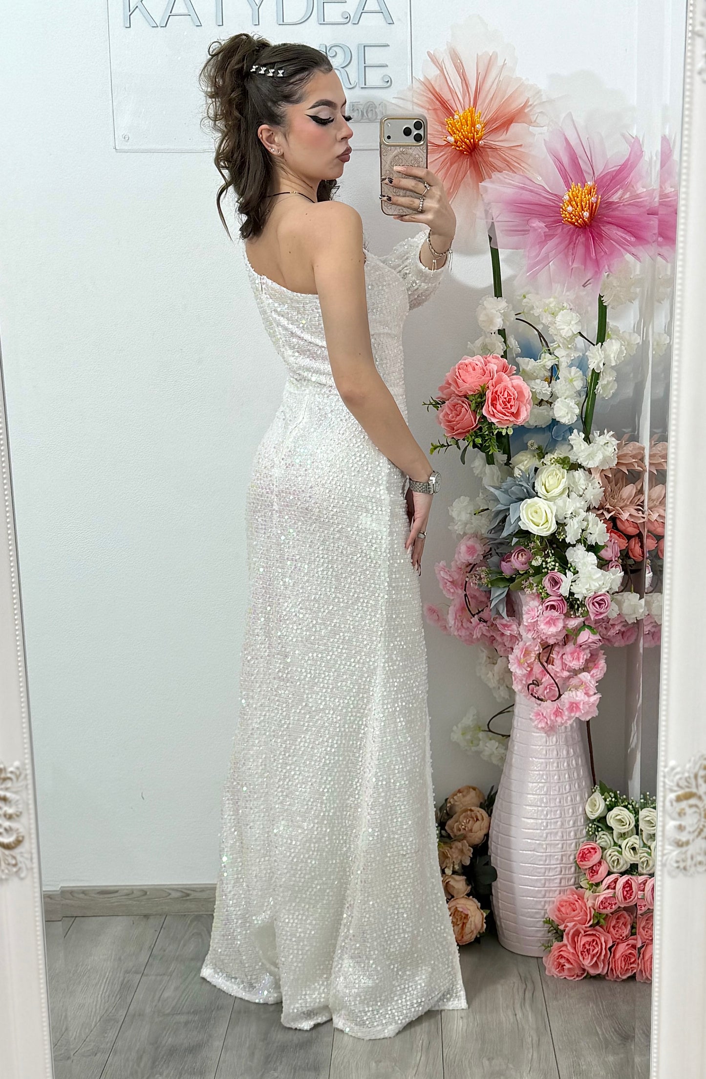 Rochie lunga alba cu paiete strălucitoare Cristinne