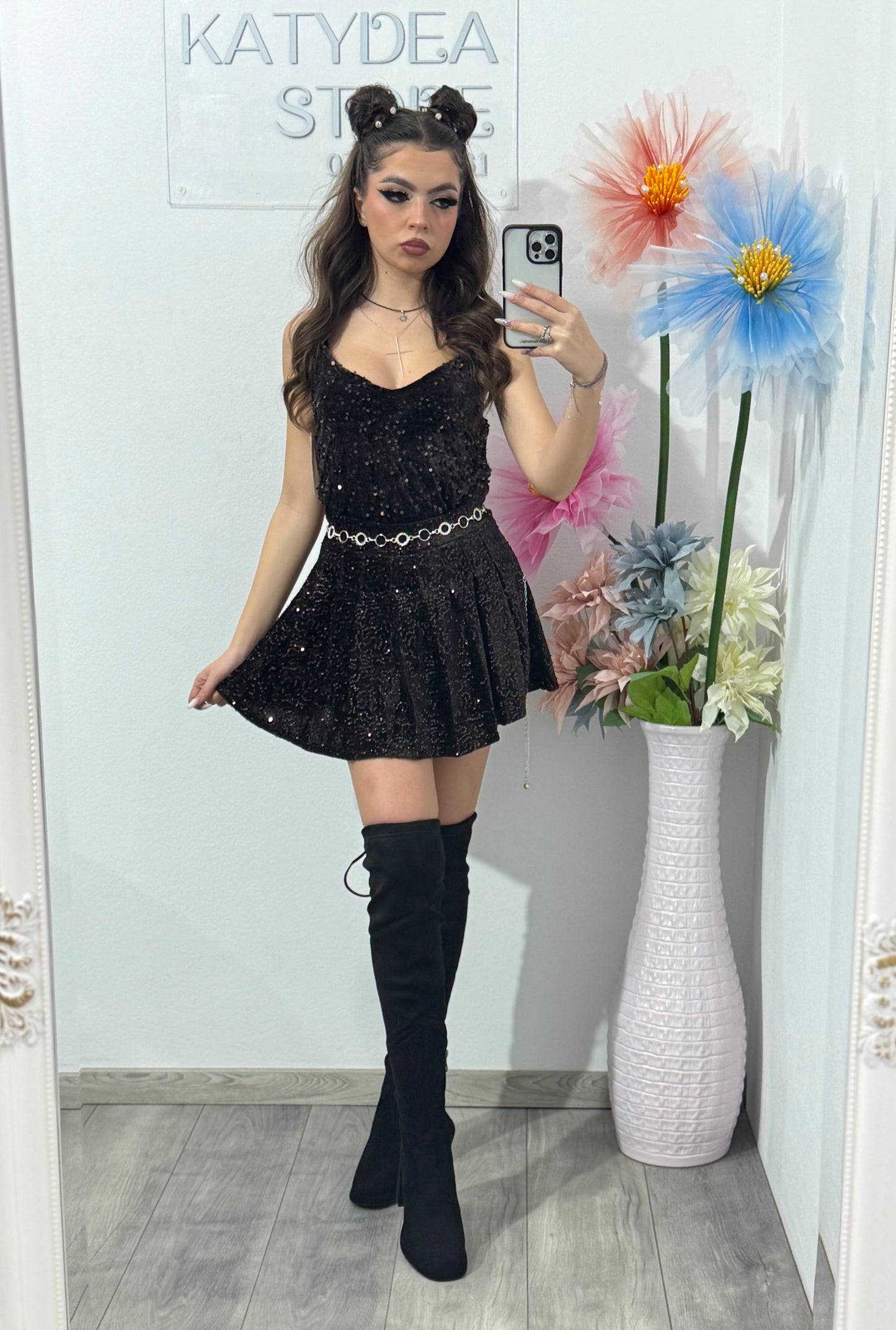 Fustă-pantalon plisată din paiete maro DELIA