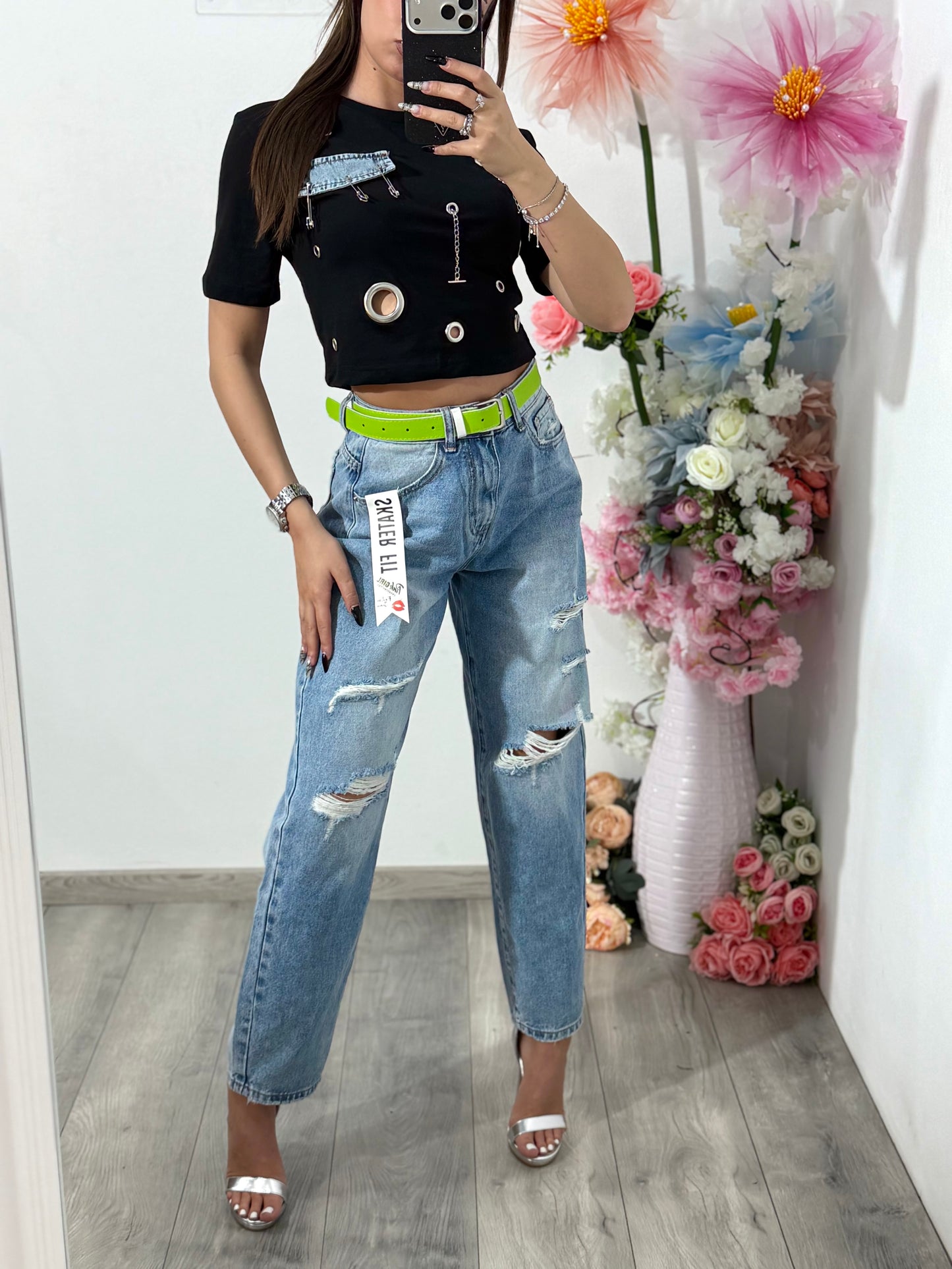 Jeans momfit rupți albaștri ANDA