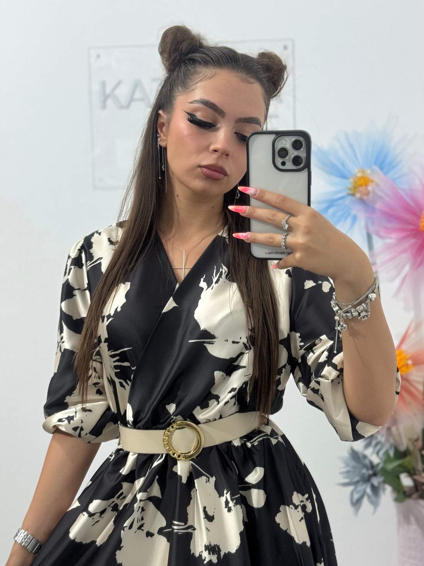 Rochie midi din satin cu imprimeu Mara