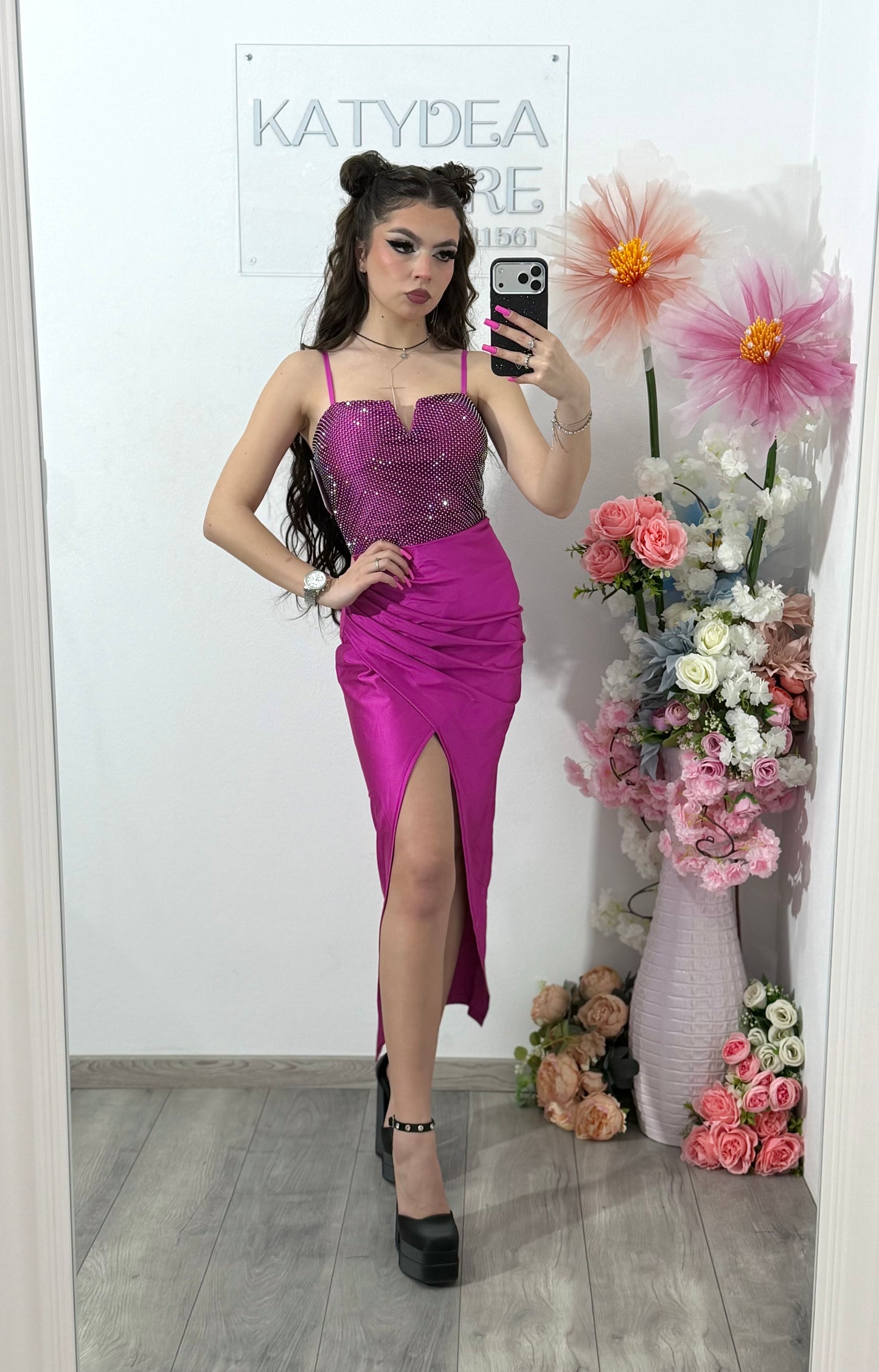 Rochie midi cu cristale fucsia DELIA