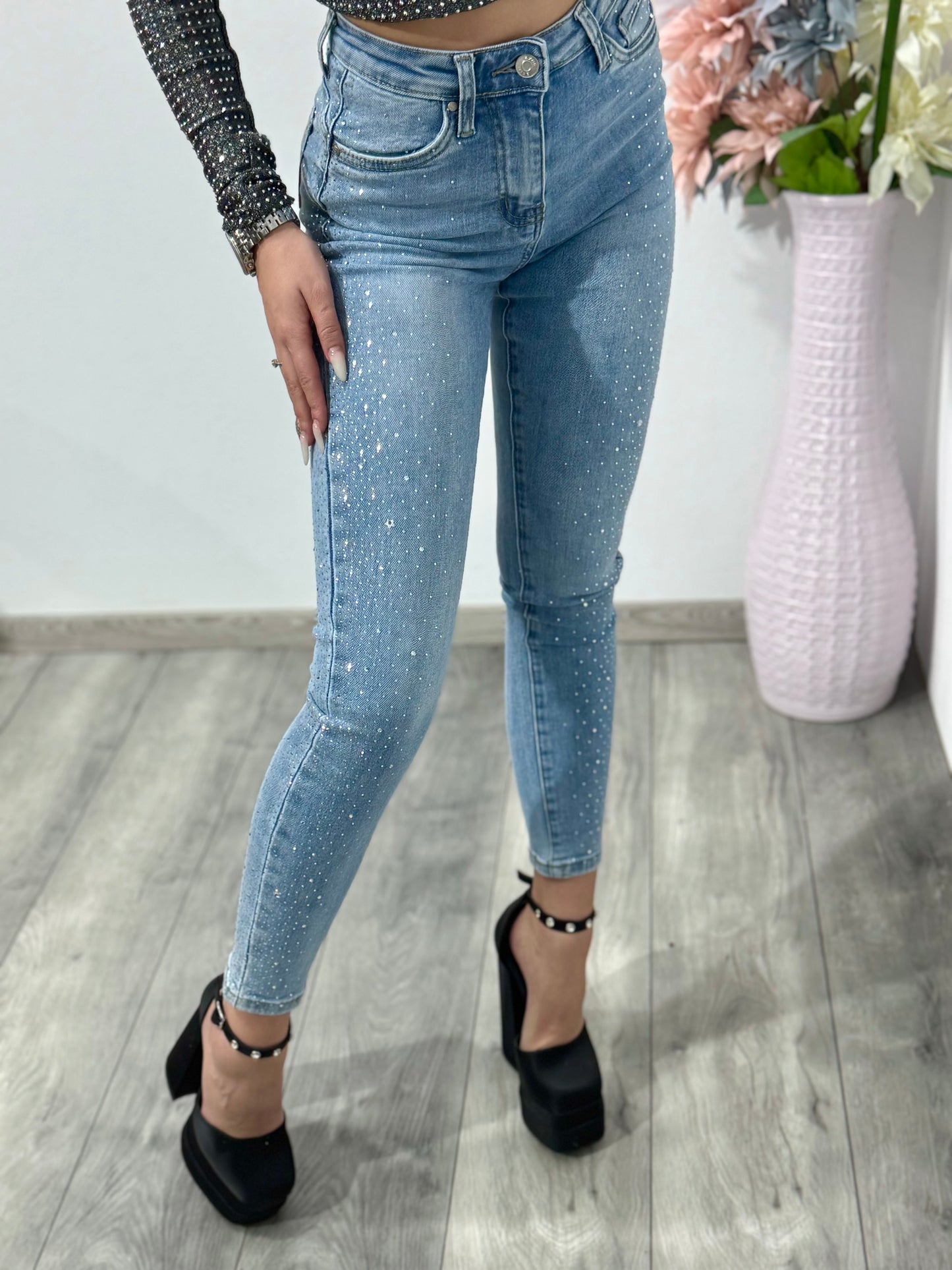 Jeans skinny albaștri cu cristale ANDREEA