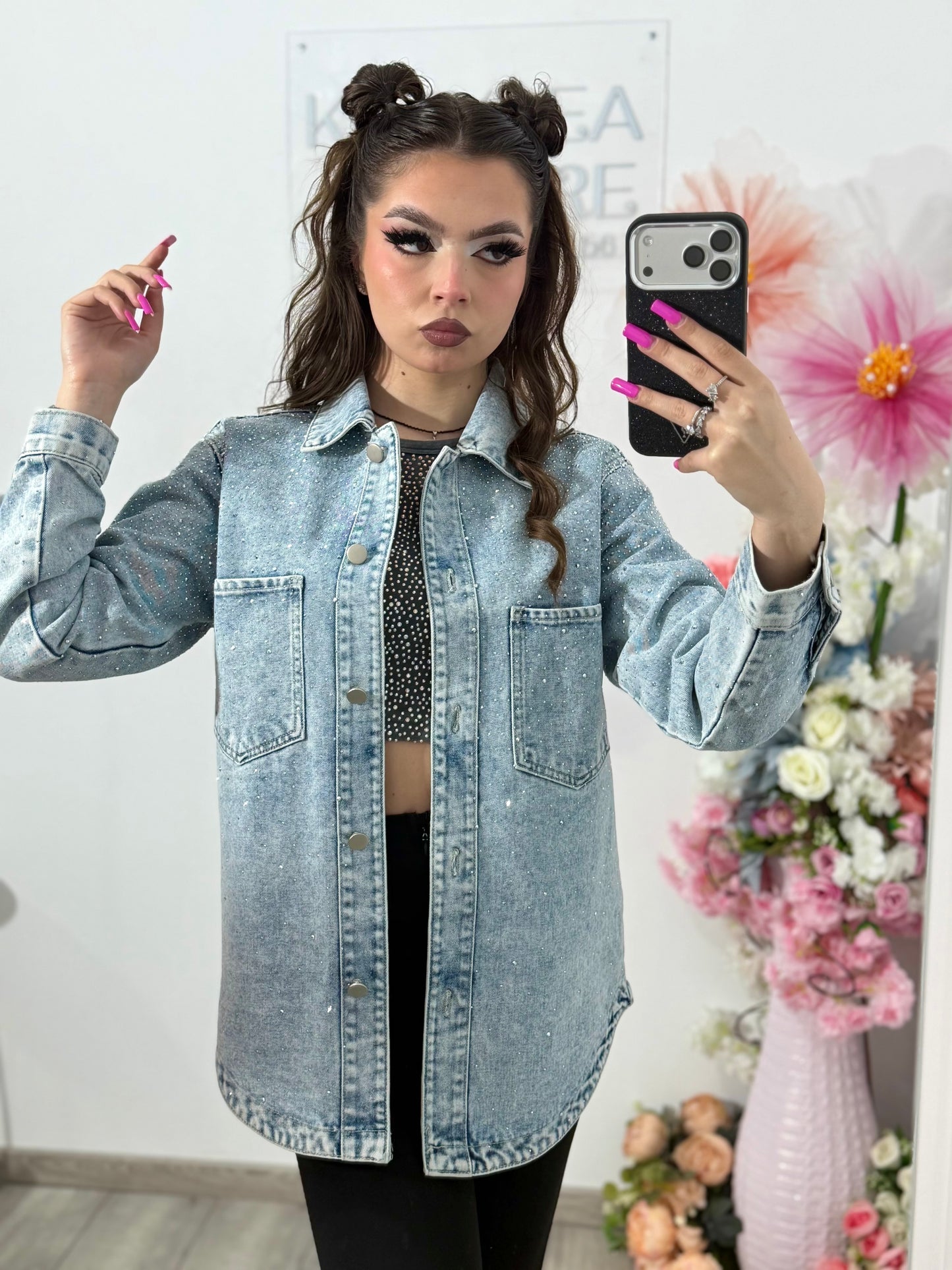 Jacheta din denim blue cu cristale ștanțate MAYA