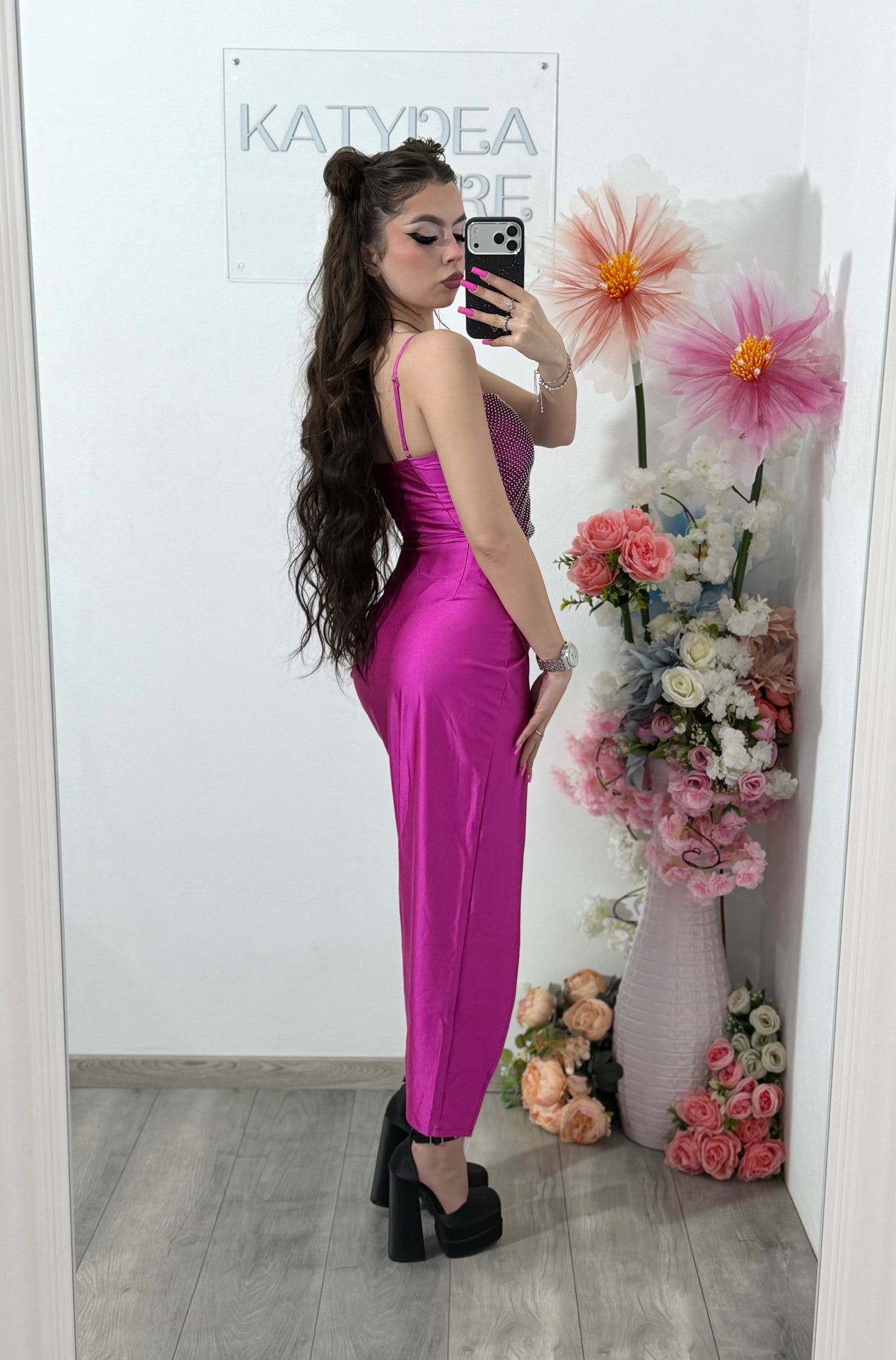 Rochie midi cu cristale fucsia DELIA