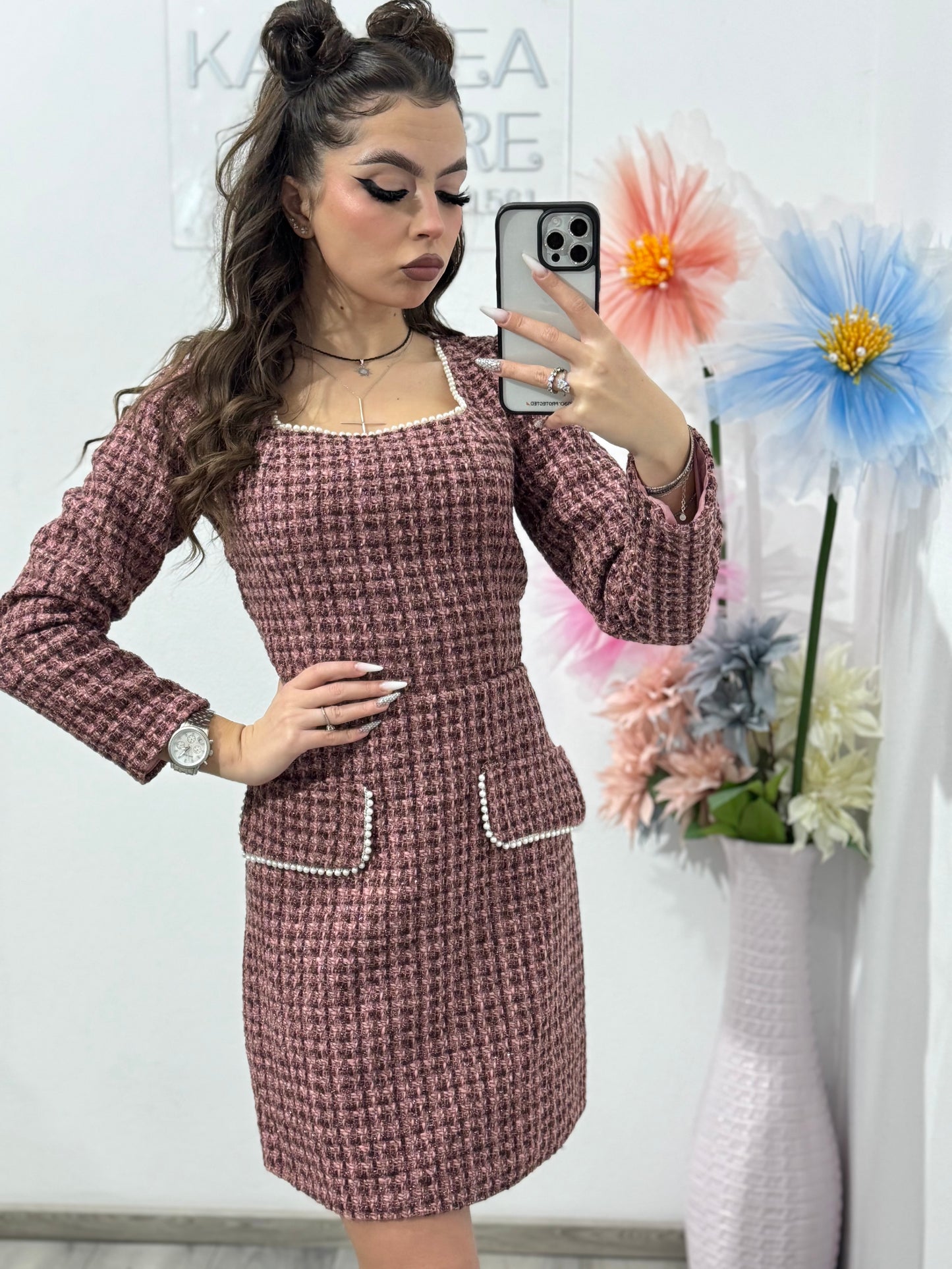 Rochie din tweed roz ELLA