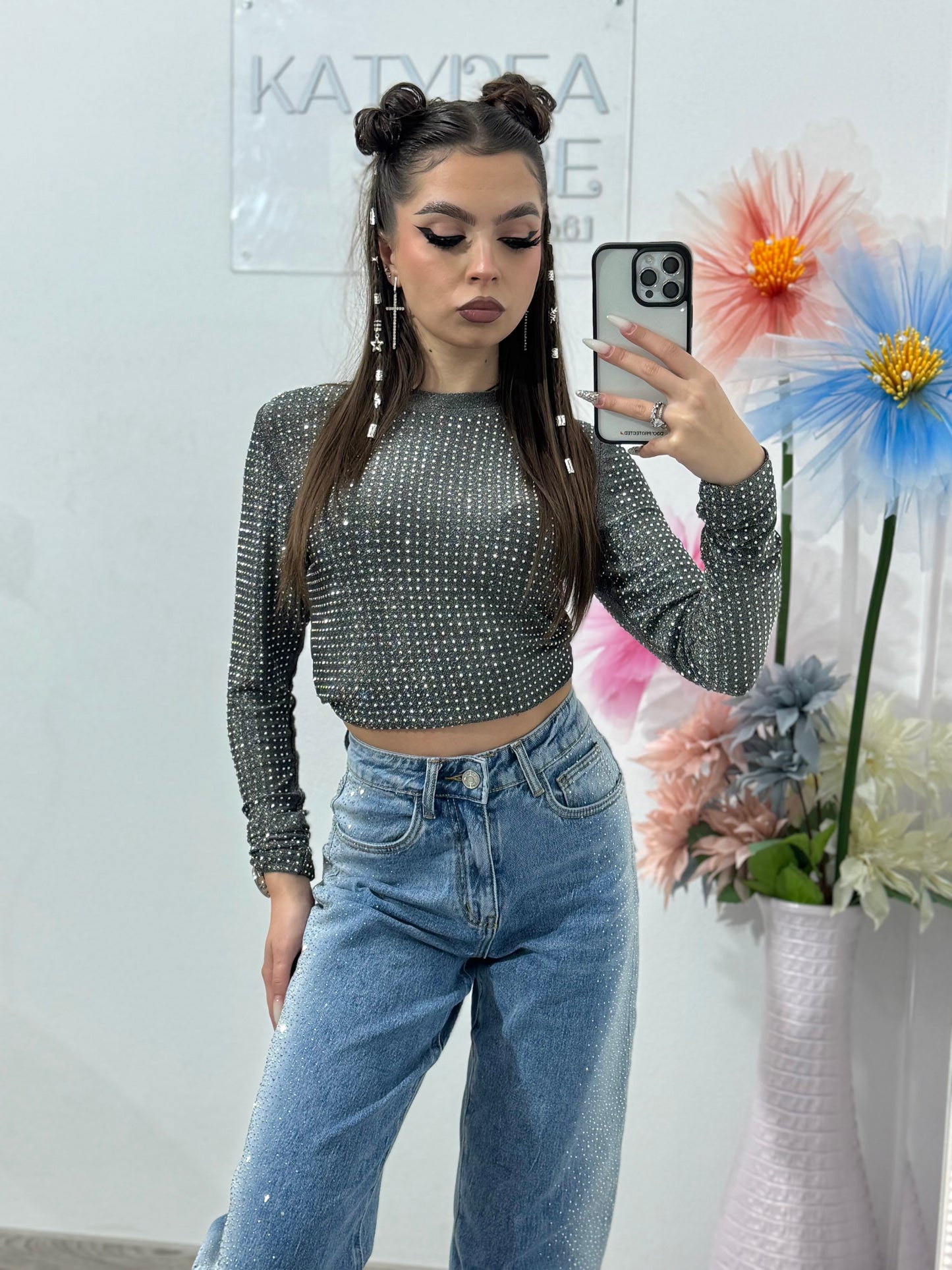 Blugi momfit albaștri cu cristale RALUKA