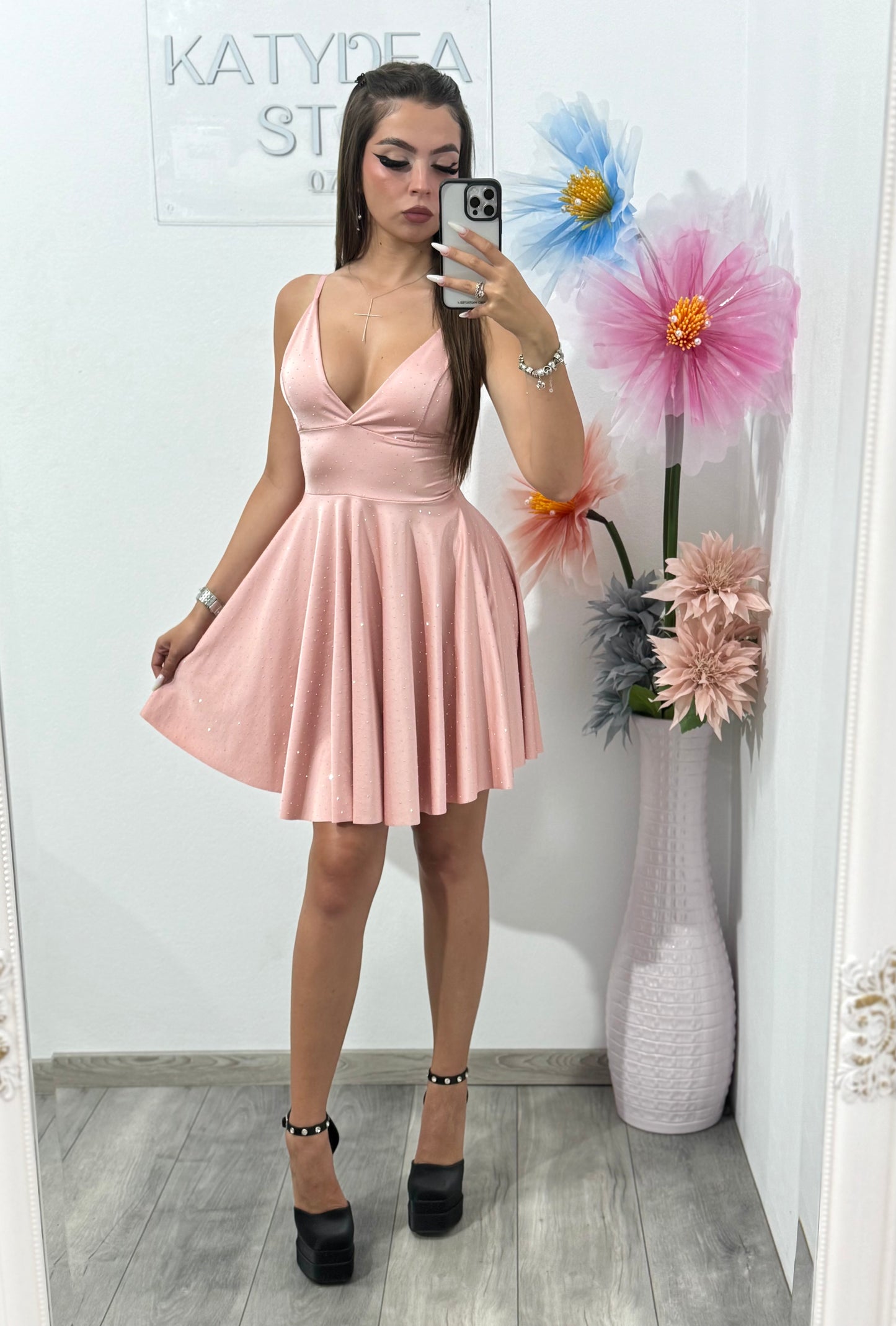 Rochie cu cristale Maria roz pudră