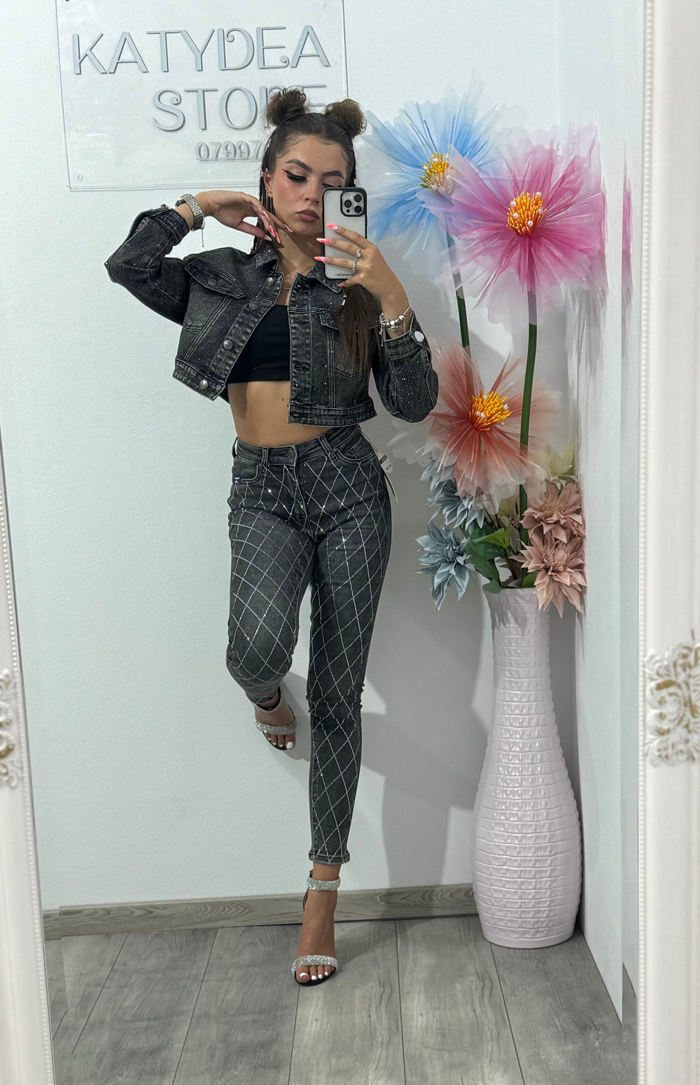 Jeans skinny cu cristale romb Nasia