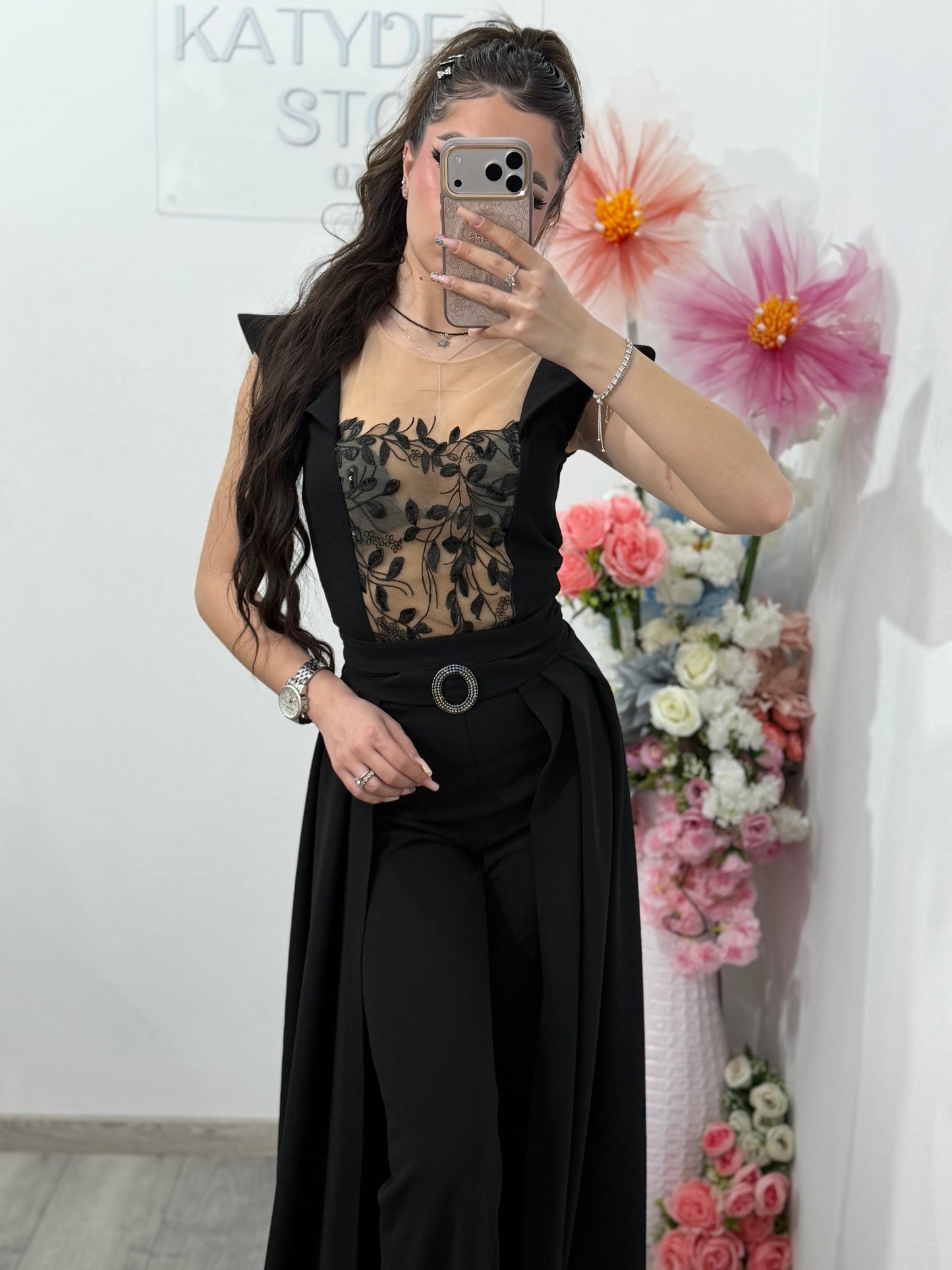 Salopeta neagra eleganta cu trena detasabilă Belle