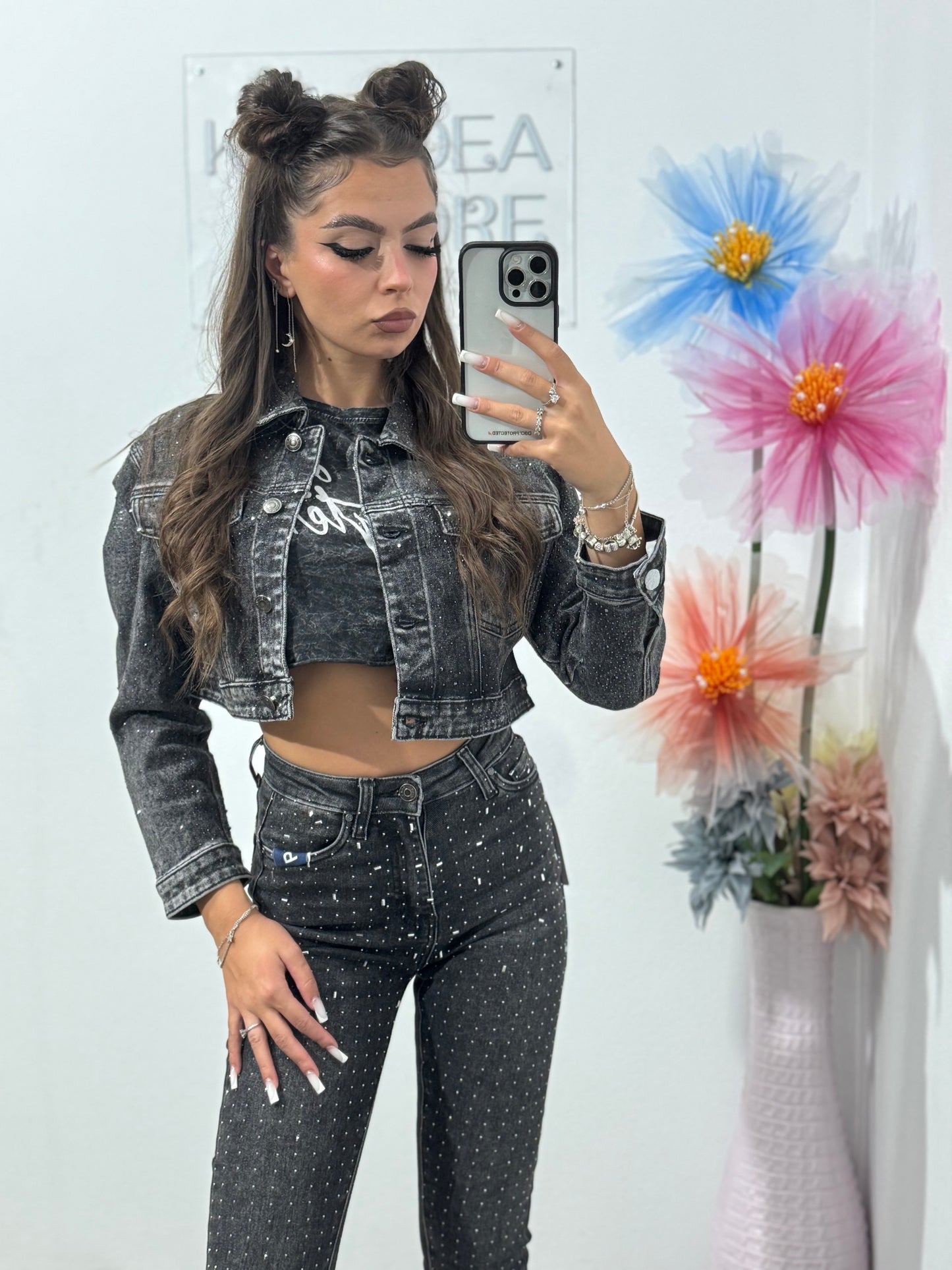 Jeans skinny cu cristale ștanțate gri Corina