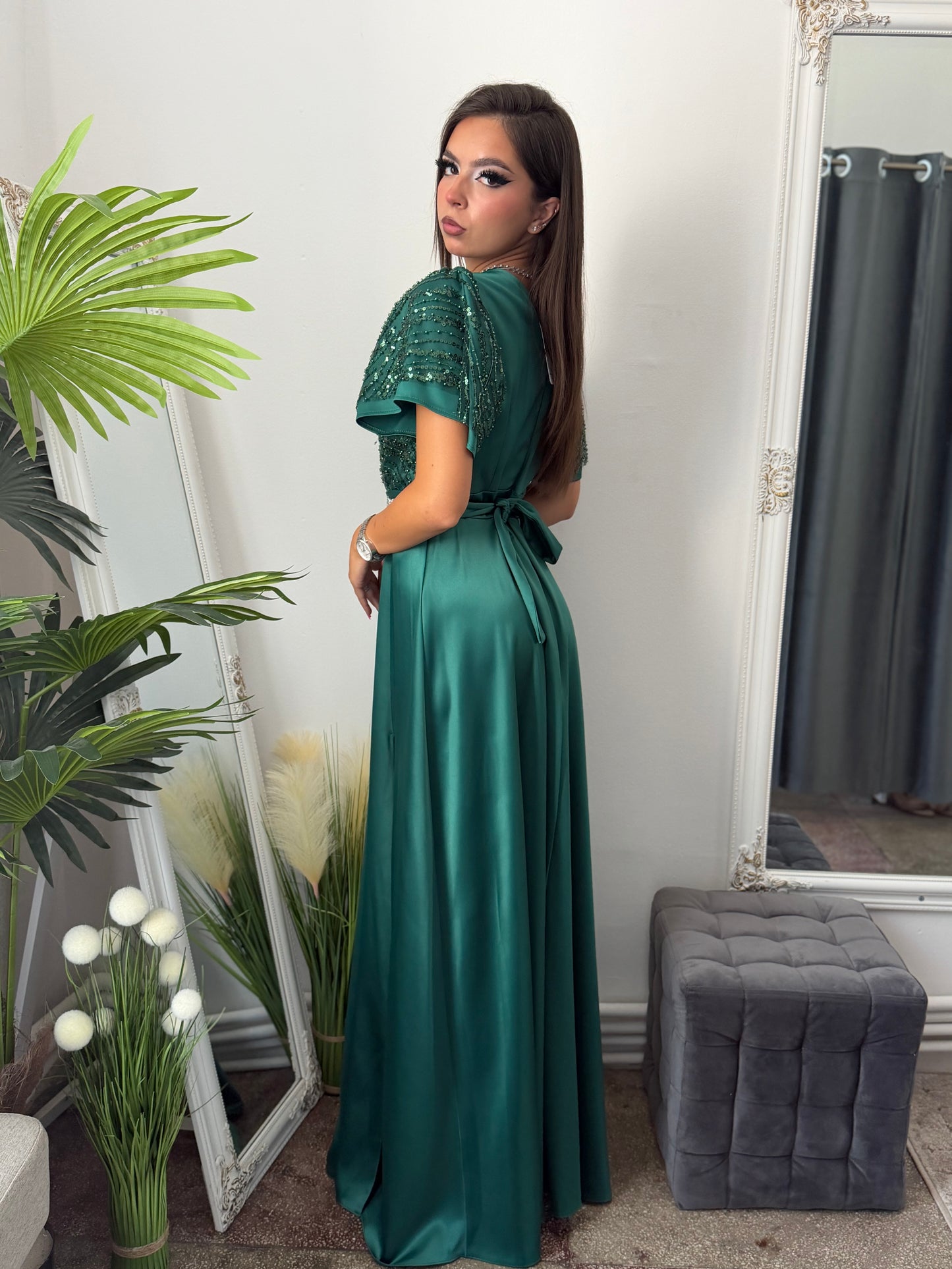 Rochie lungă din tafta verde smarald EDA