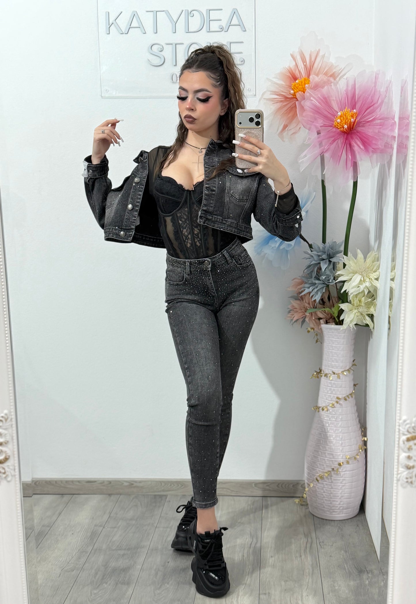 Jeans skinny gri cu cristale DANNA