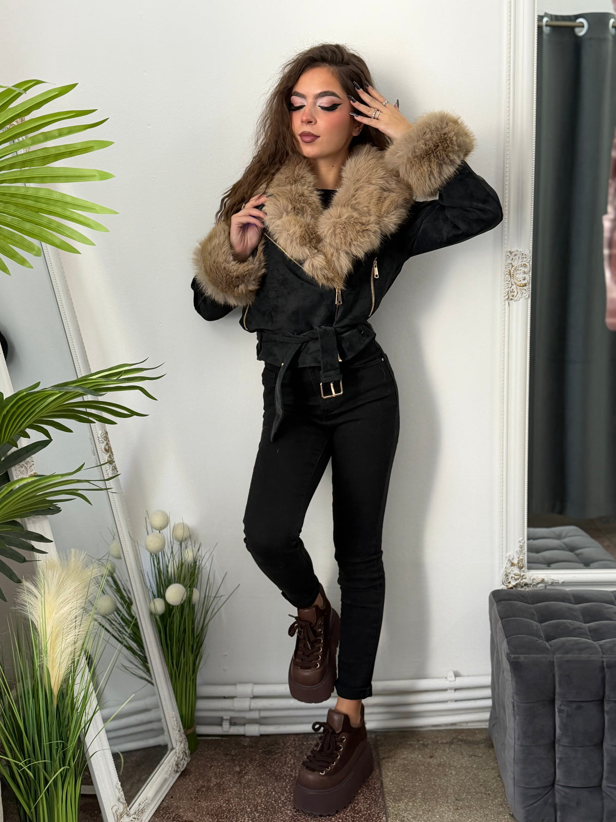 Geacă din imitație de piele și blană BLACK