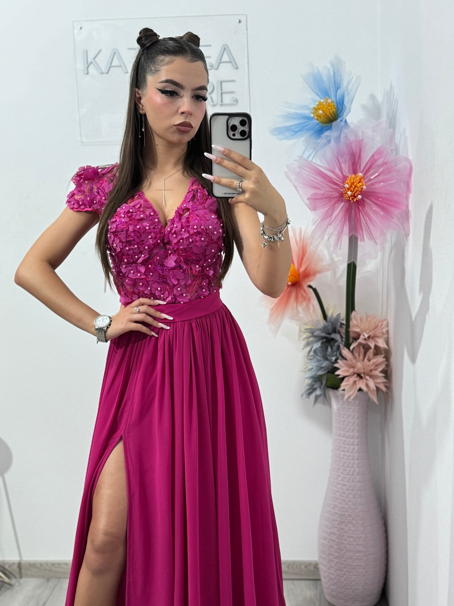 Rochie din voal și din dantelă 3D fucsia Lucy