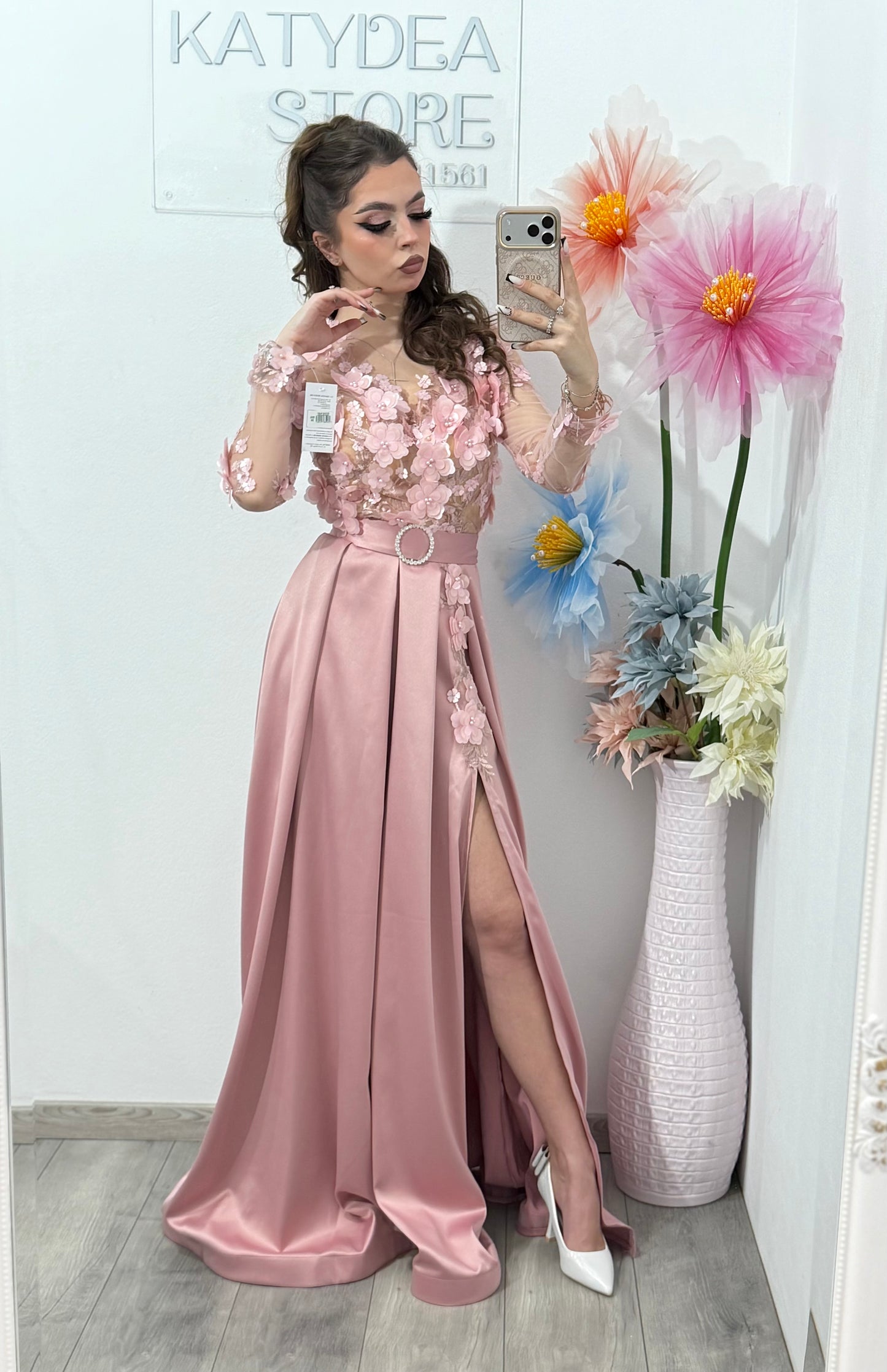 Rochie lunga din tafta roz cu dantela 3D AnaSofia