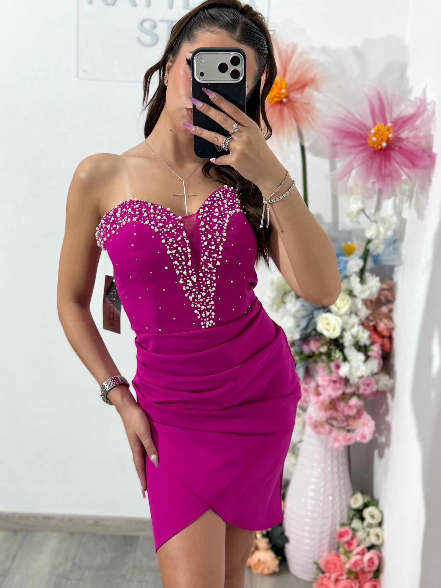 Rochie elegantă fucsia cu perle DELICE
