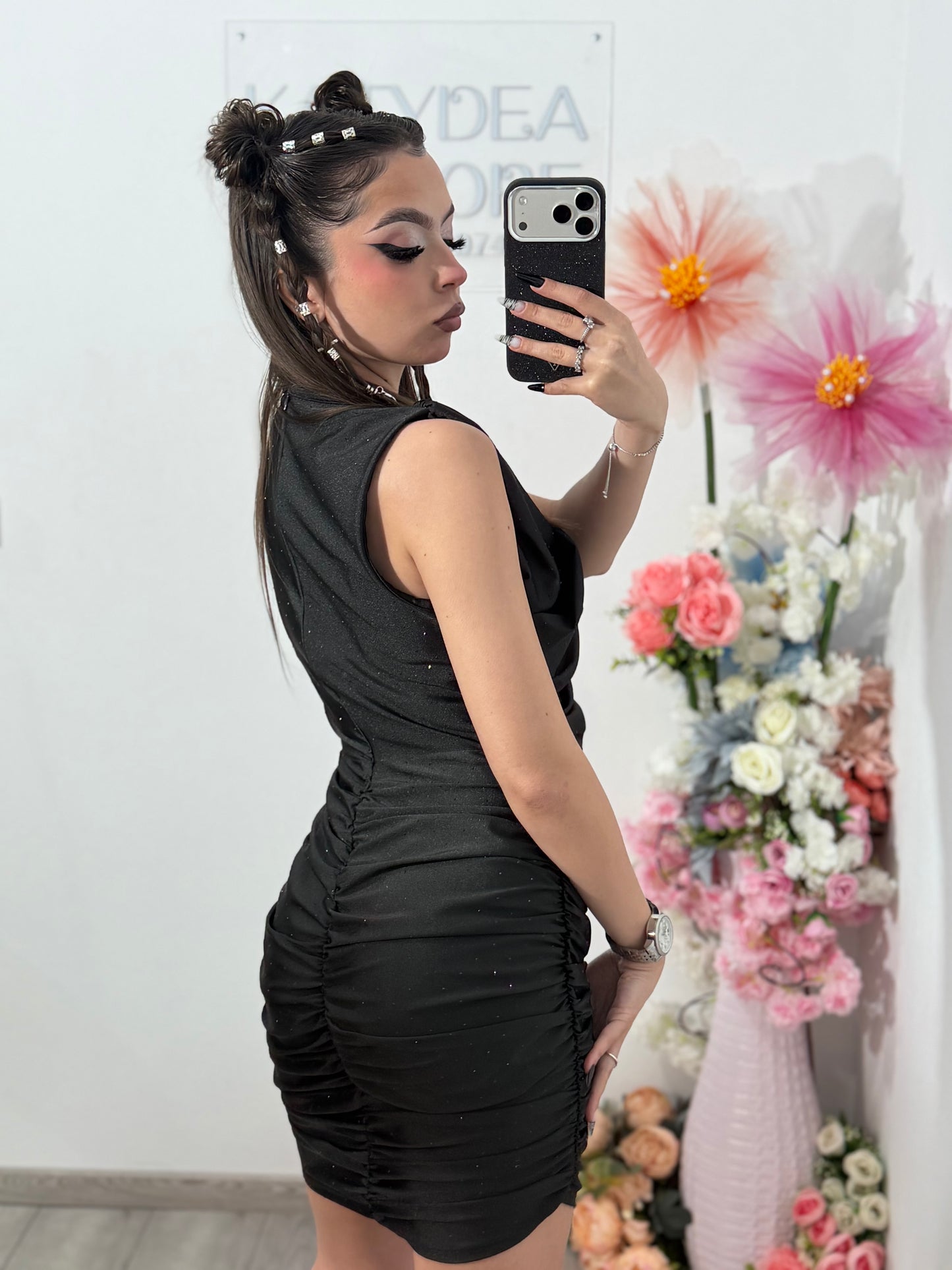 Rochie elegantă cu cristale ștanțate neagră SELENA