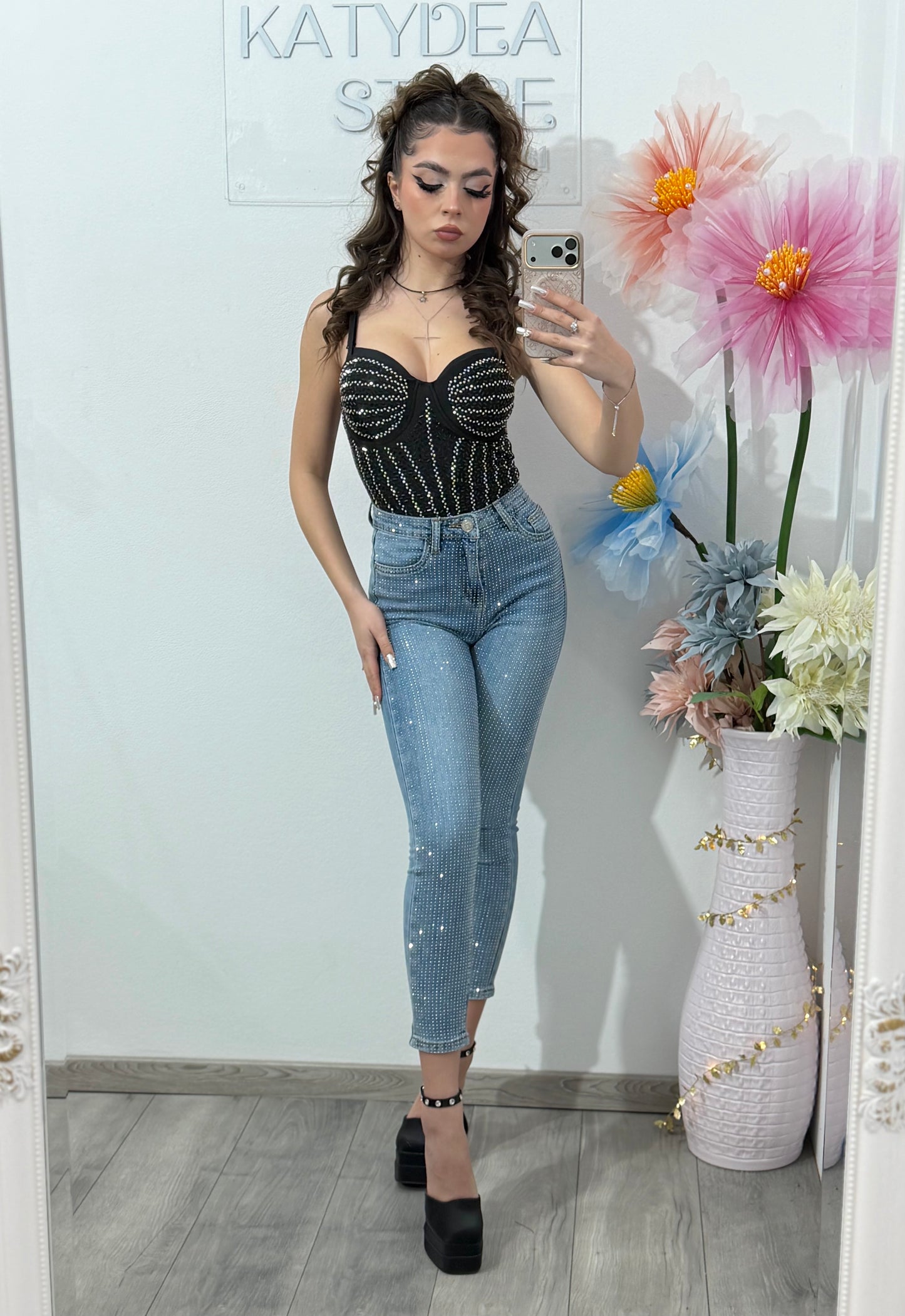 Jeans skinny albaștri cu cristale ștanțate ANNABELLE