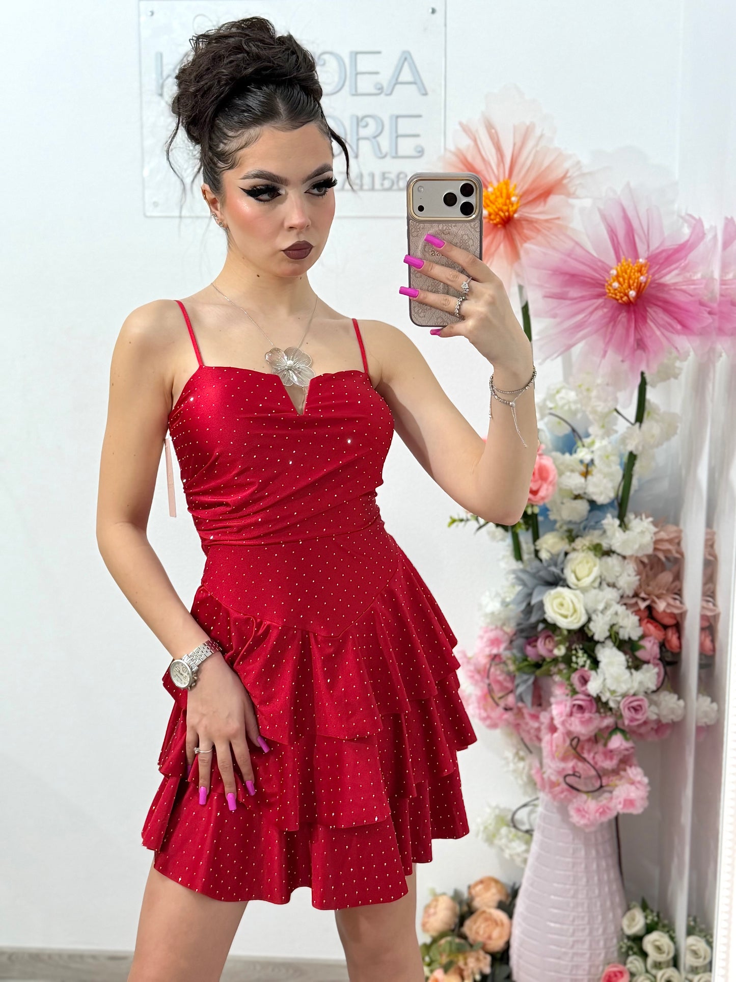 Rochie scurta rosie cu cristale ștanțate ZONIA