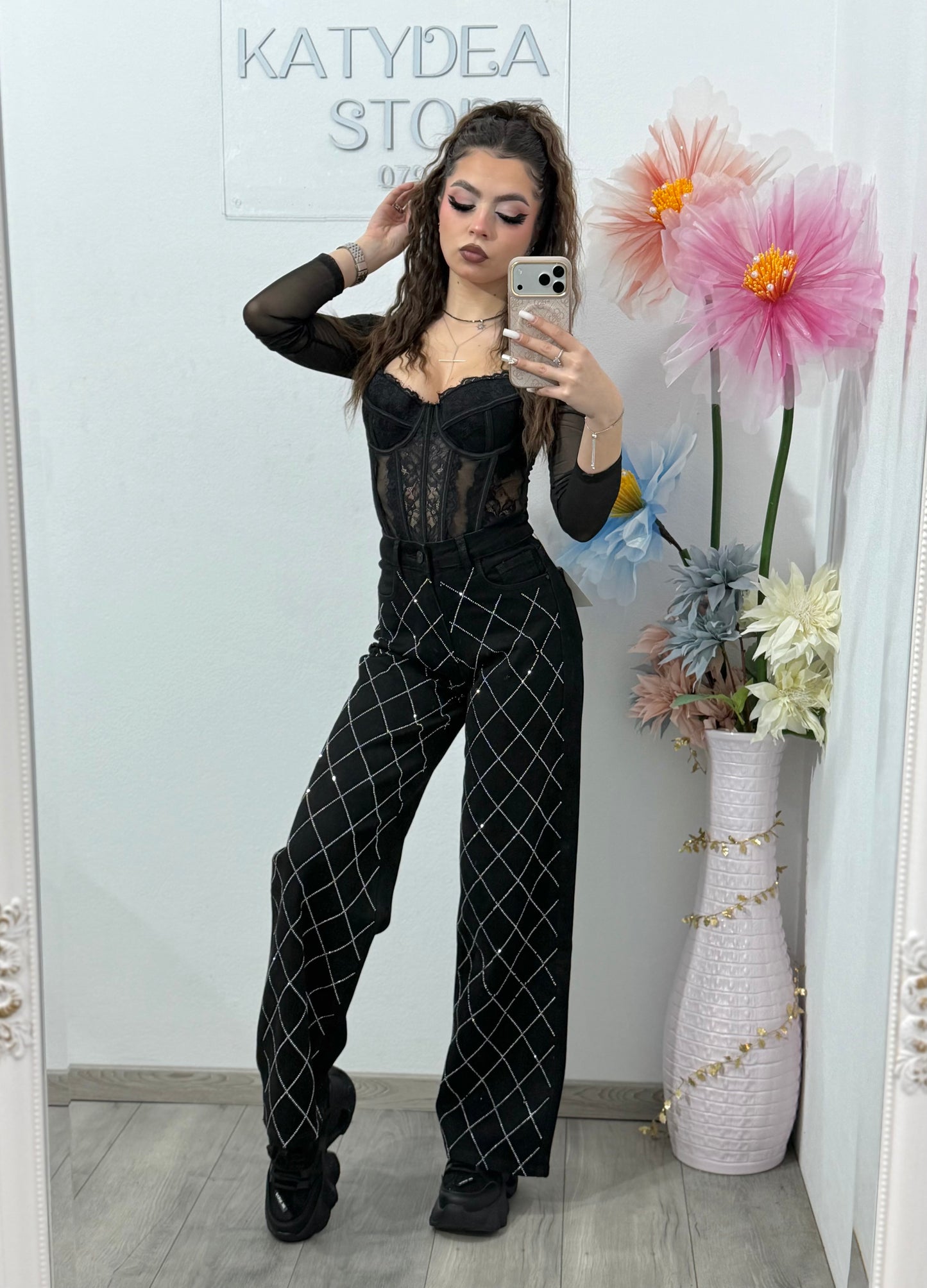 Jeans WideLeg cu cristale ștanțate negri ANAIS