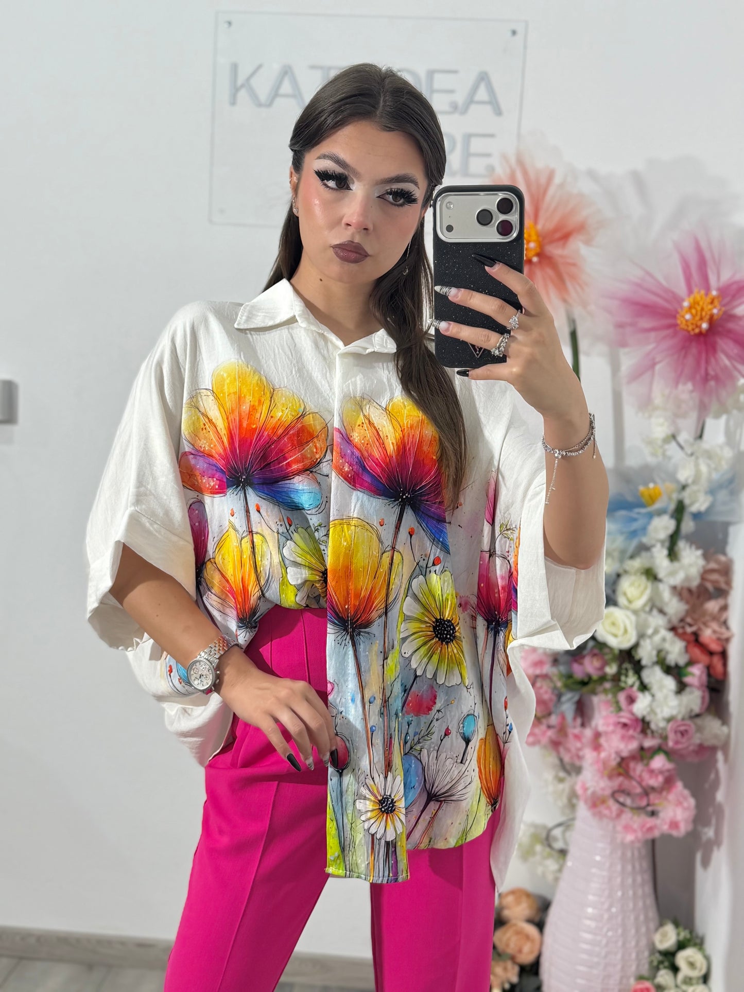Cămașă din în cu imprimeu fucsia ELIZA