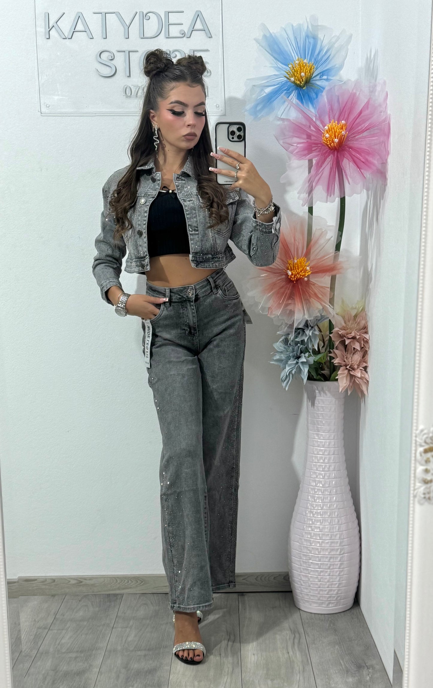 Jeans WideLeg gri cu cristale Olivia