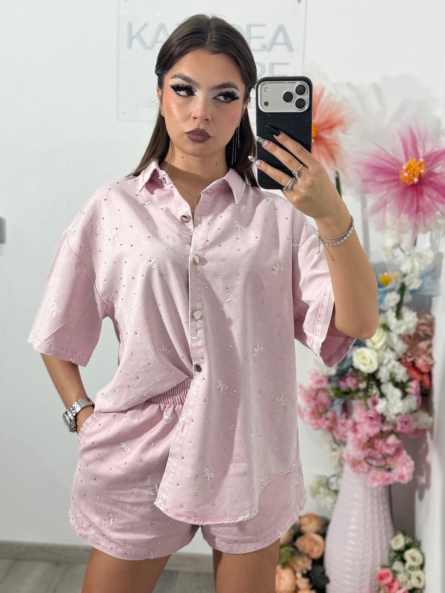 Compleu din denim roz Claudia