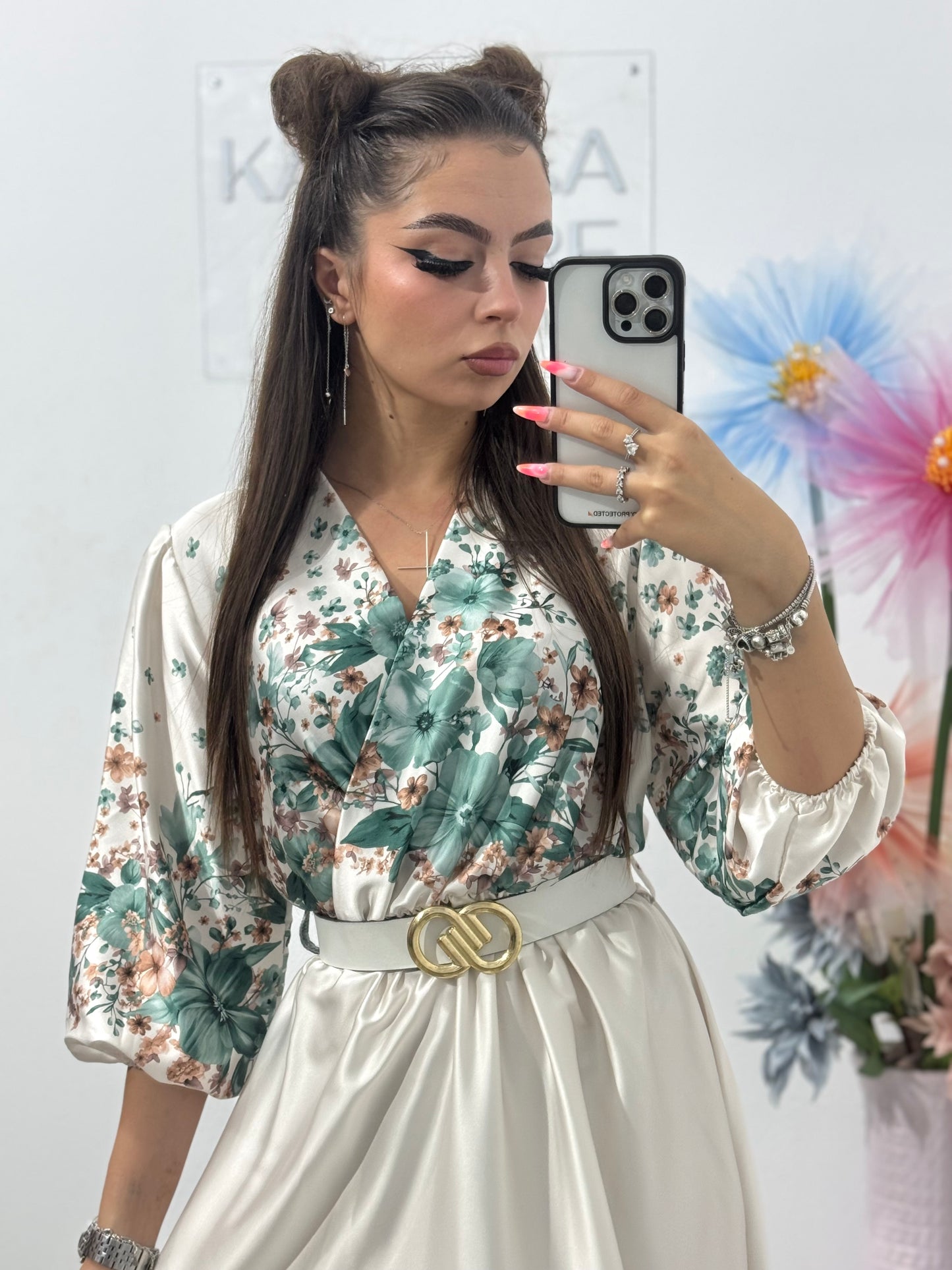 Rochie midi din satin cu imprimeu Flower