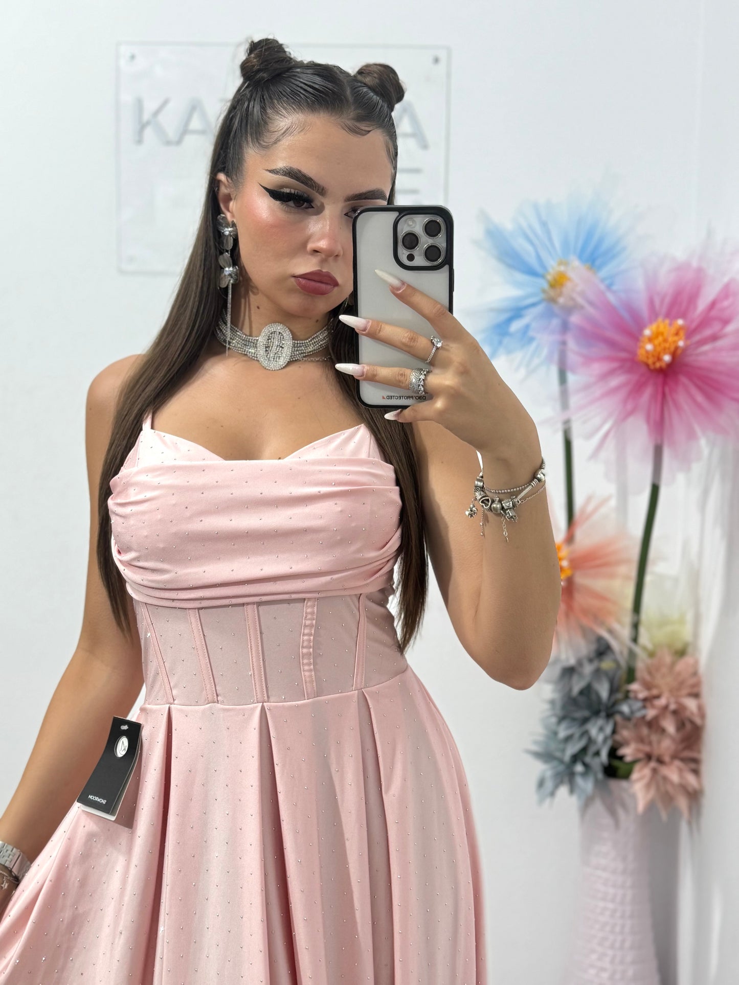 Rochie cu cristale ștanțate și corset Monica roz pudră