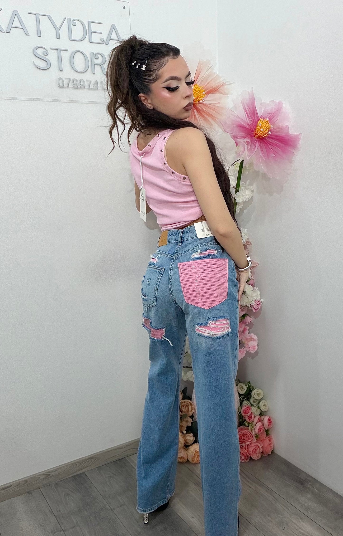 Jeans WideLeg cu buzunar cu piatra roz ștanțată ELIZA