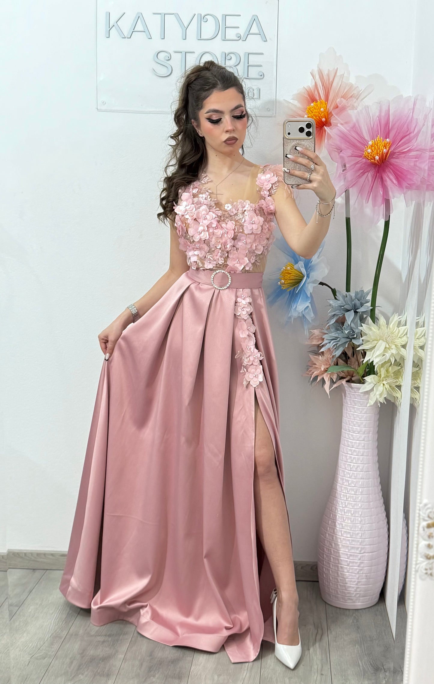 Rochie lunga din tafta roz Gabrielle