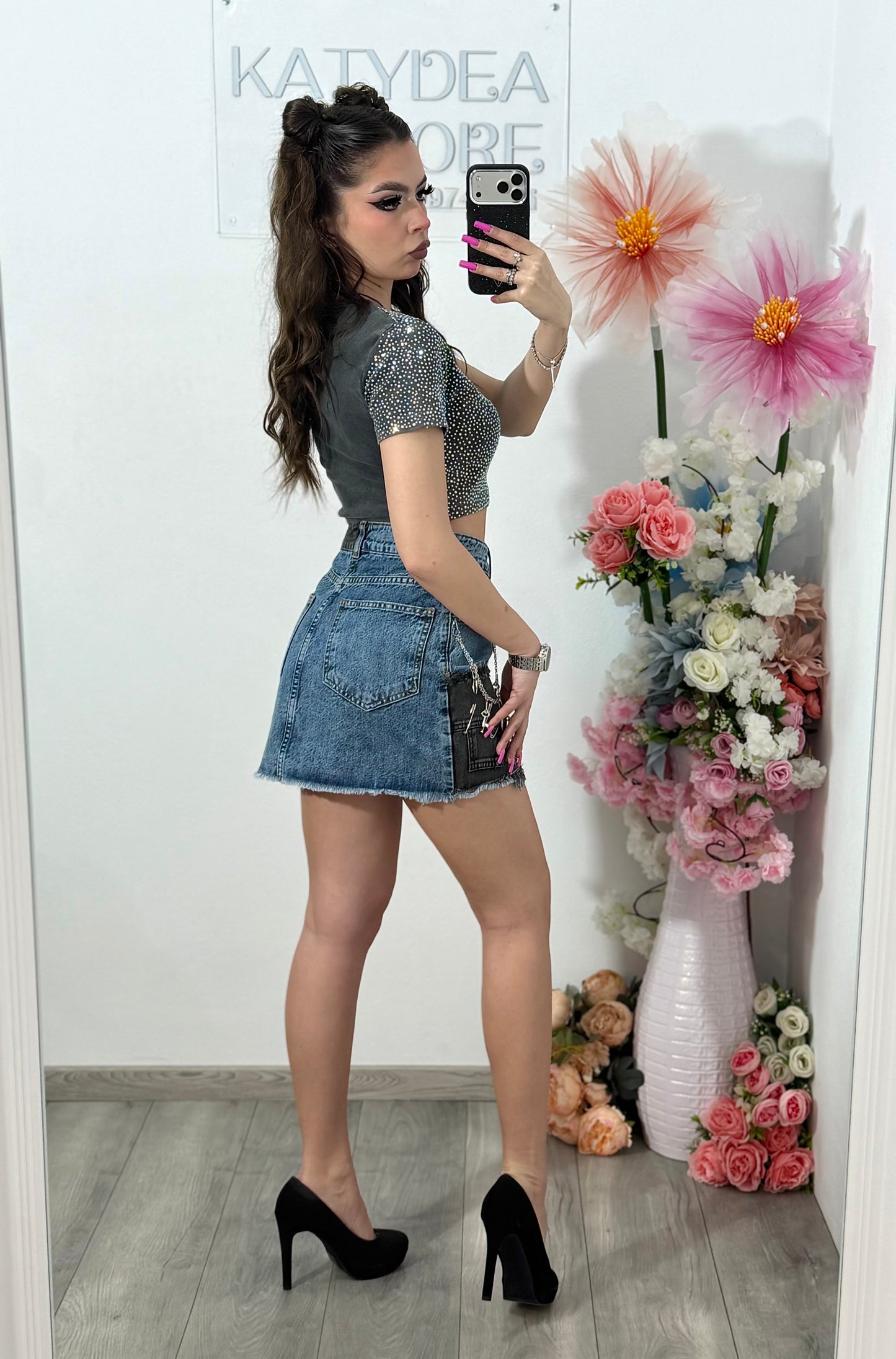 Fustă din denim patchwork ALIS