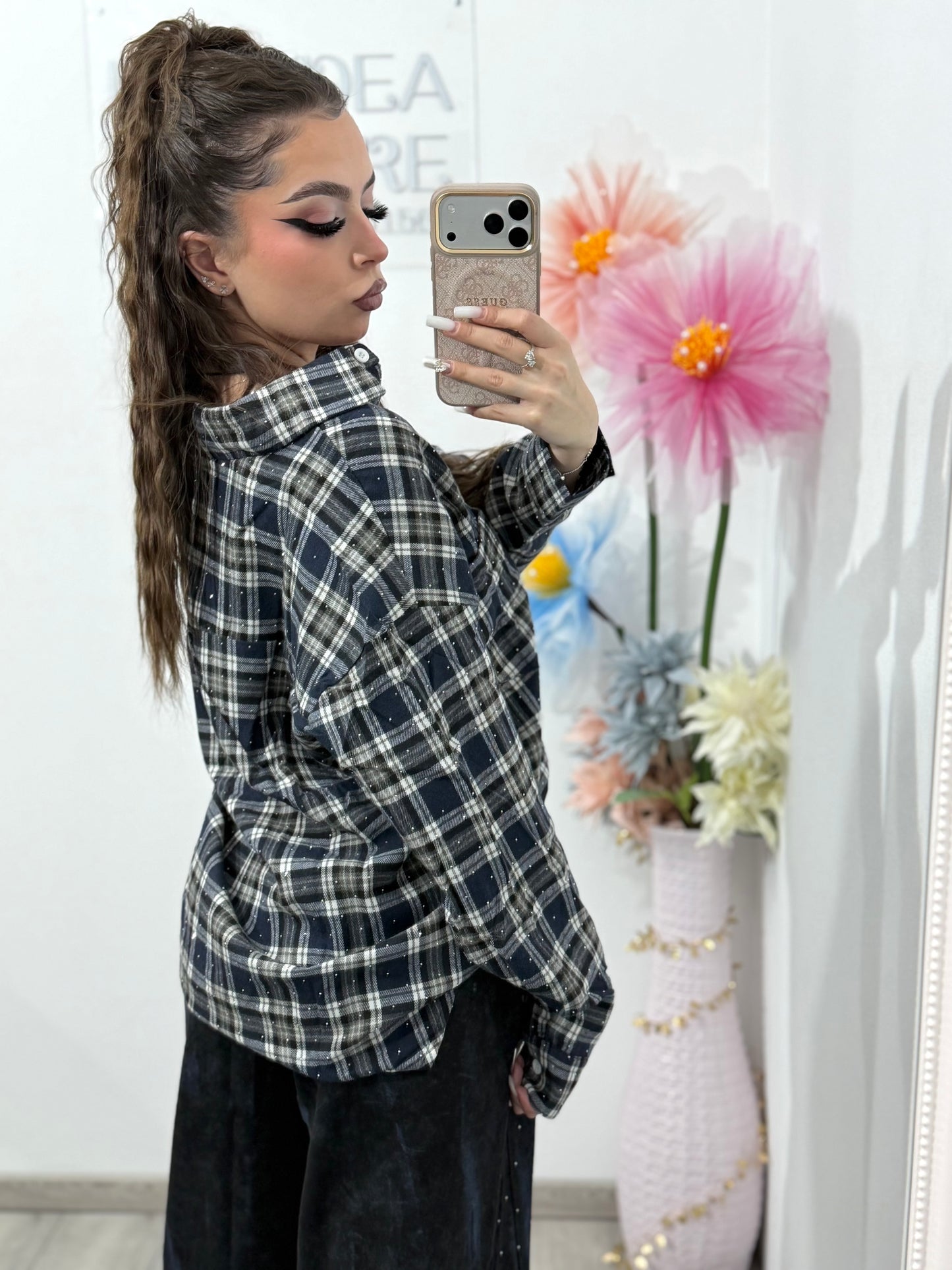 Cămașă în carouri cu cristale ștanțate XONIA