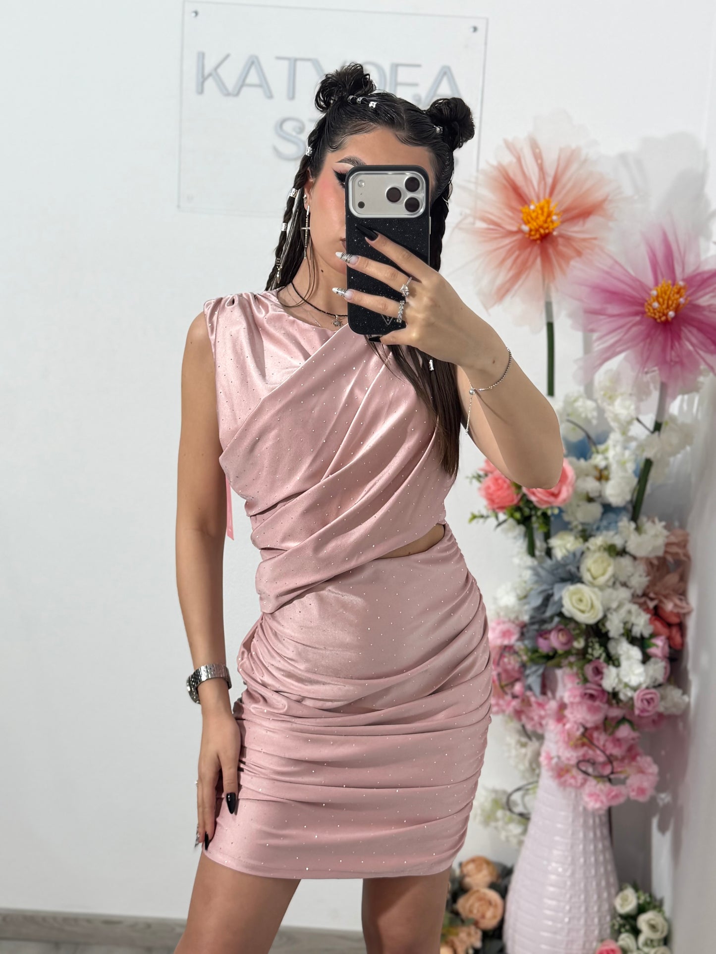 Rochie elegantă cu cristale ștanțate roz SELENA
