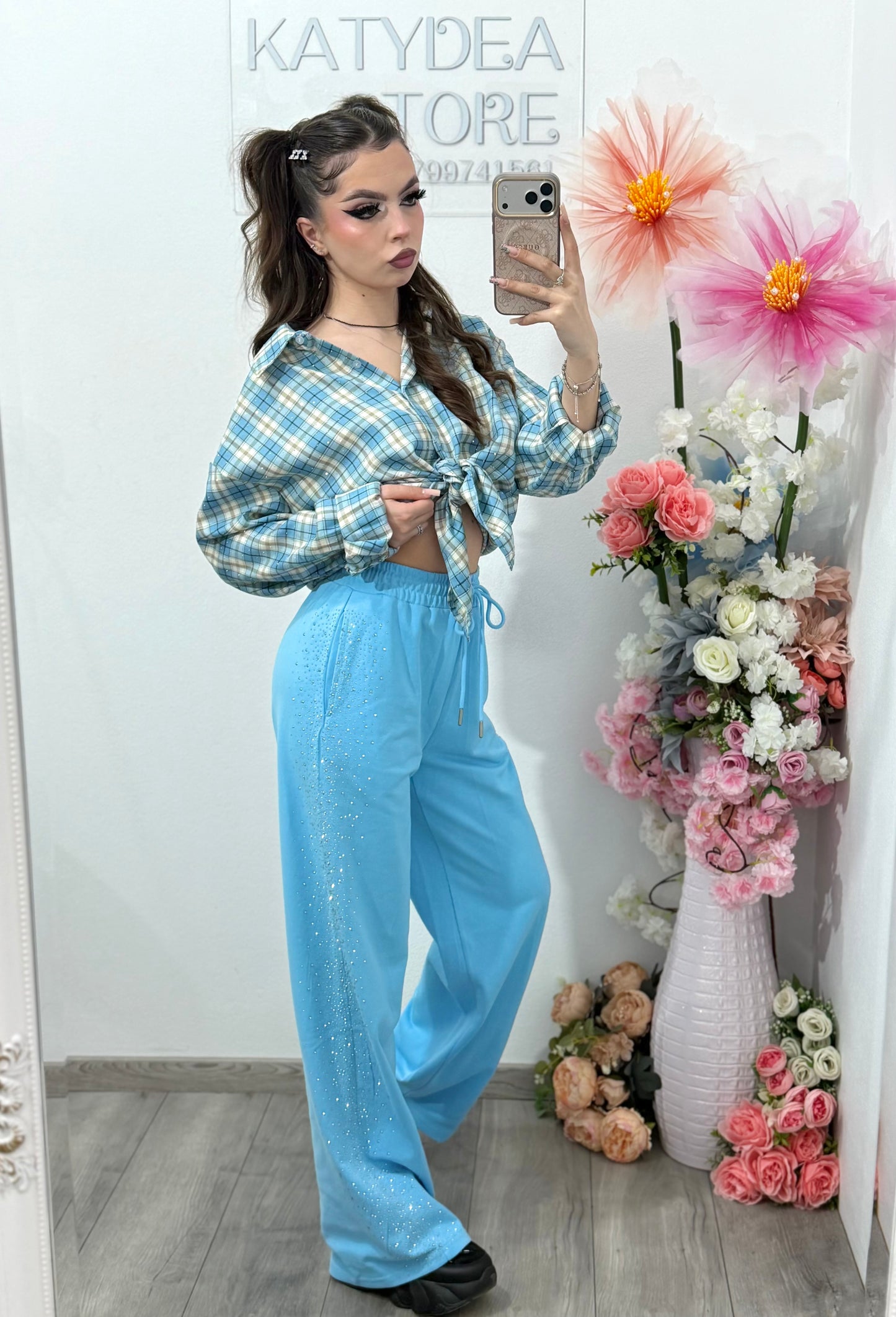 Pantaloni WideLeg bleu cu cristale ștanțate
