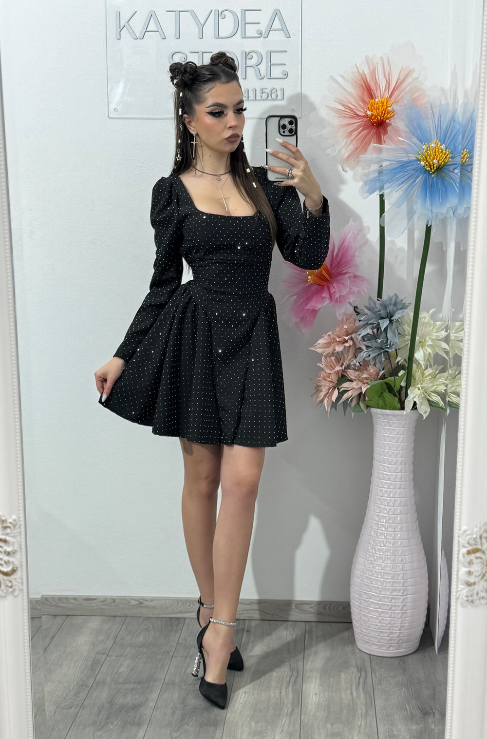 Rochie neagra cu cristale ștanțate argintii EVA