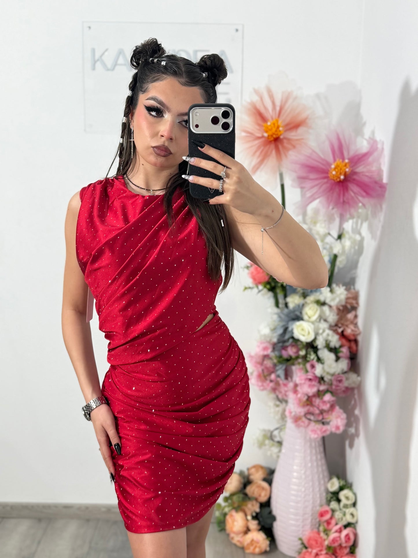 Rochie elegantă cu cristale ștanțate rosie SELENA