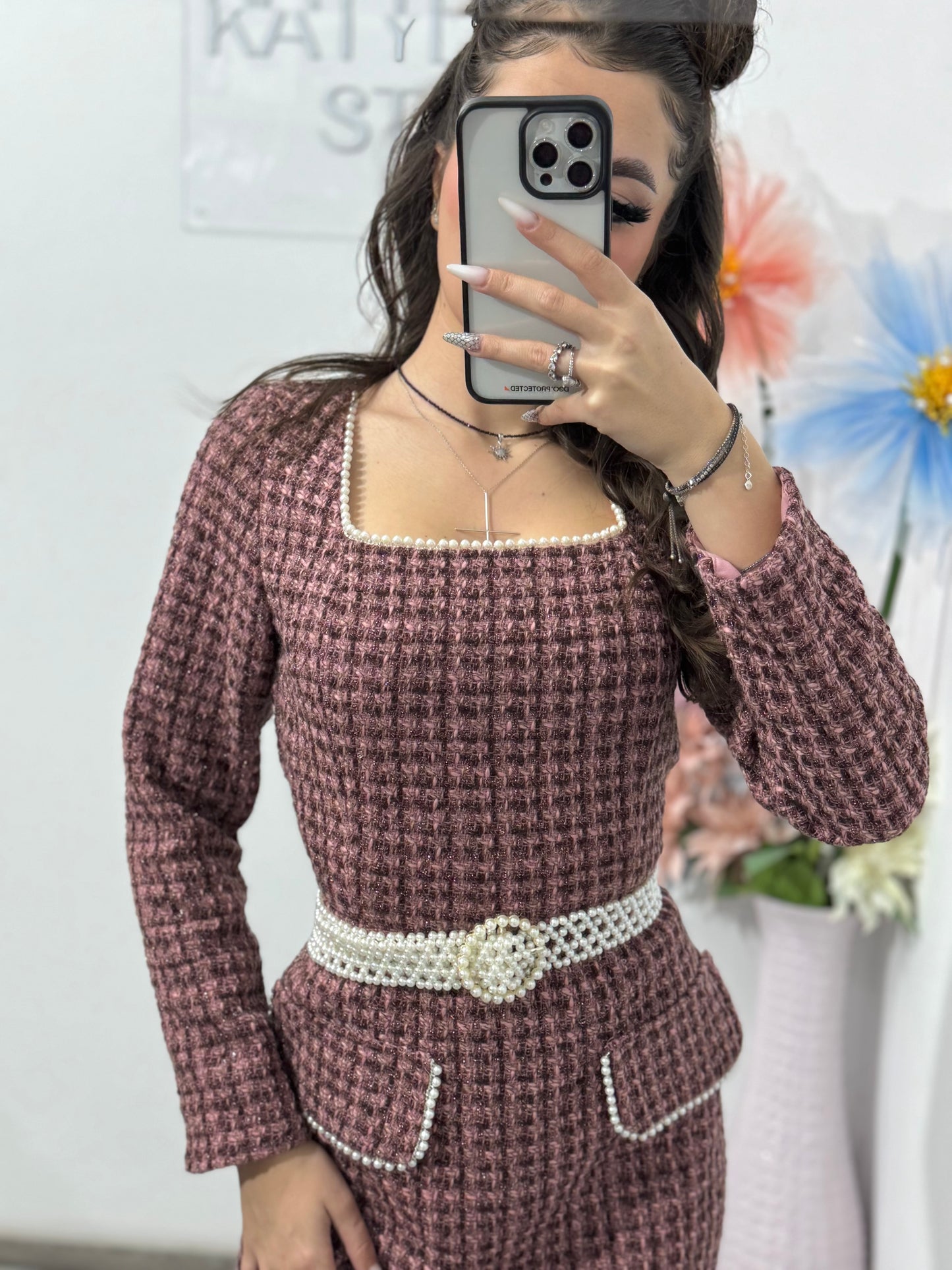 Rochie din tweed roz ELLA