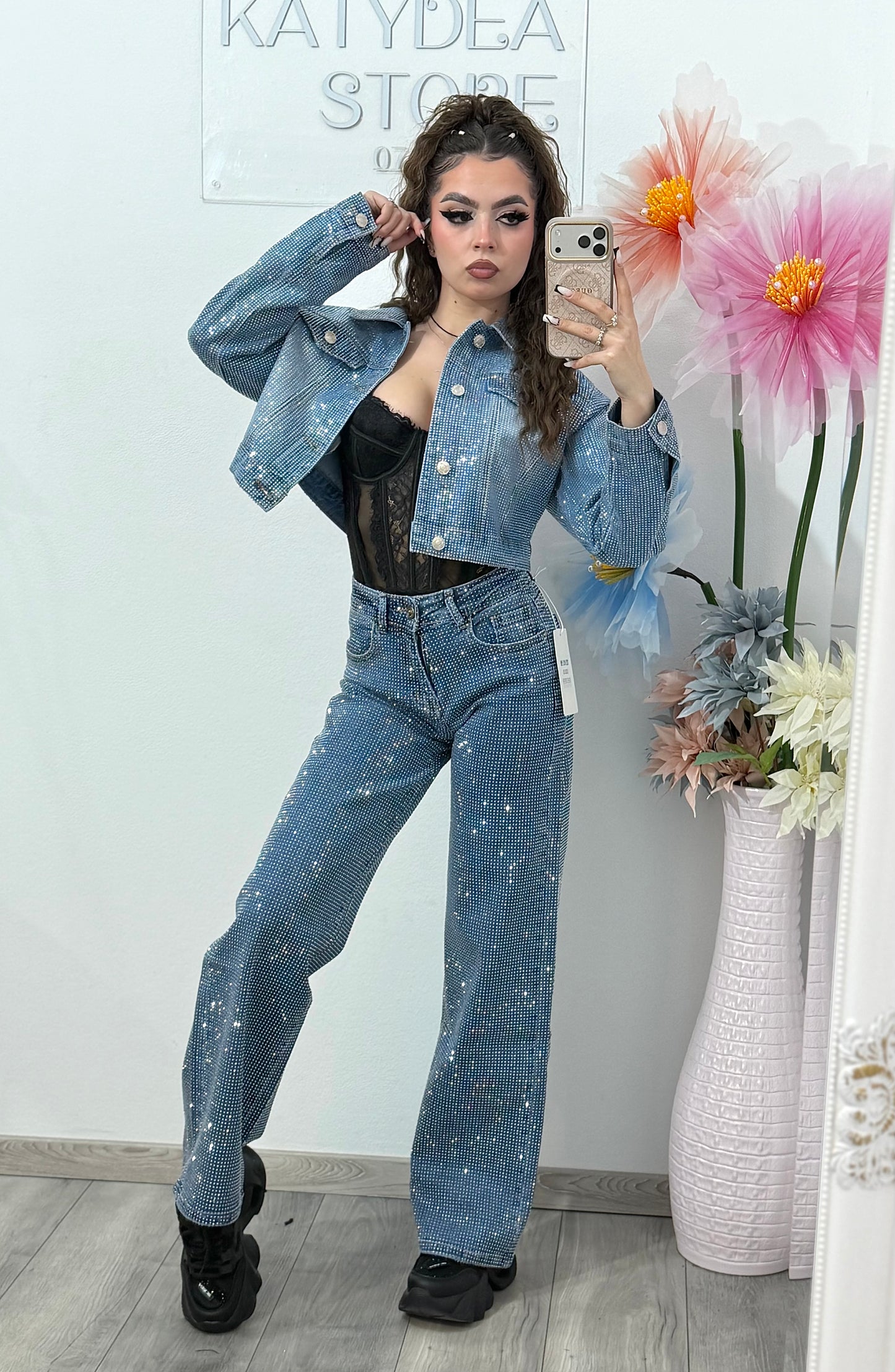 Blugi WideLeg full piatră albastri Xonia