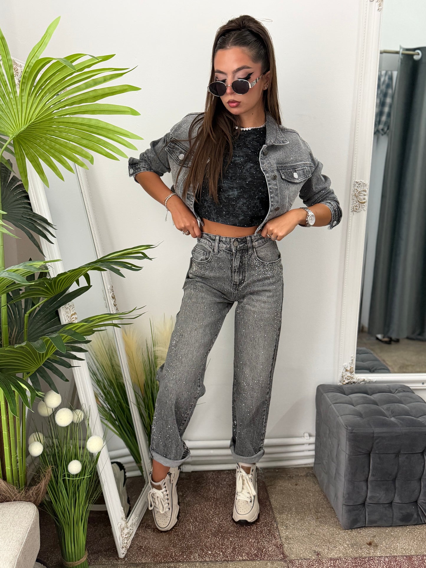 Jeans WideLeg gri cu cristale ștanțate CAMY