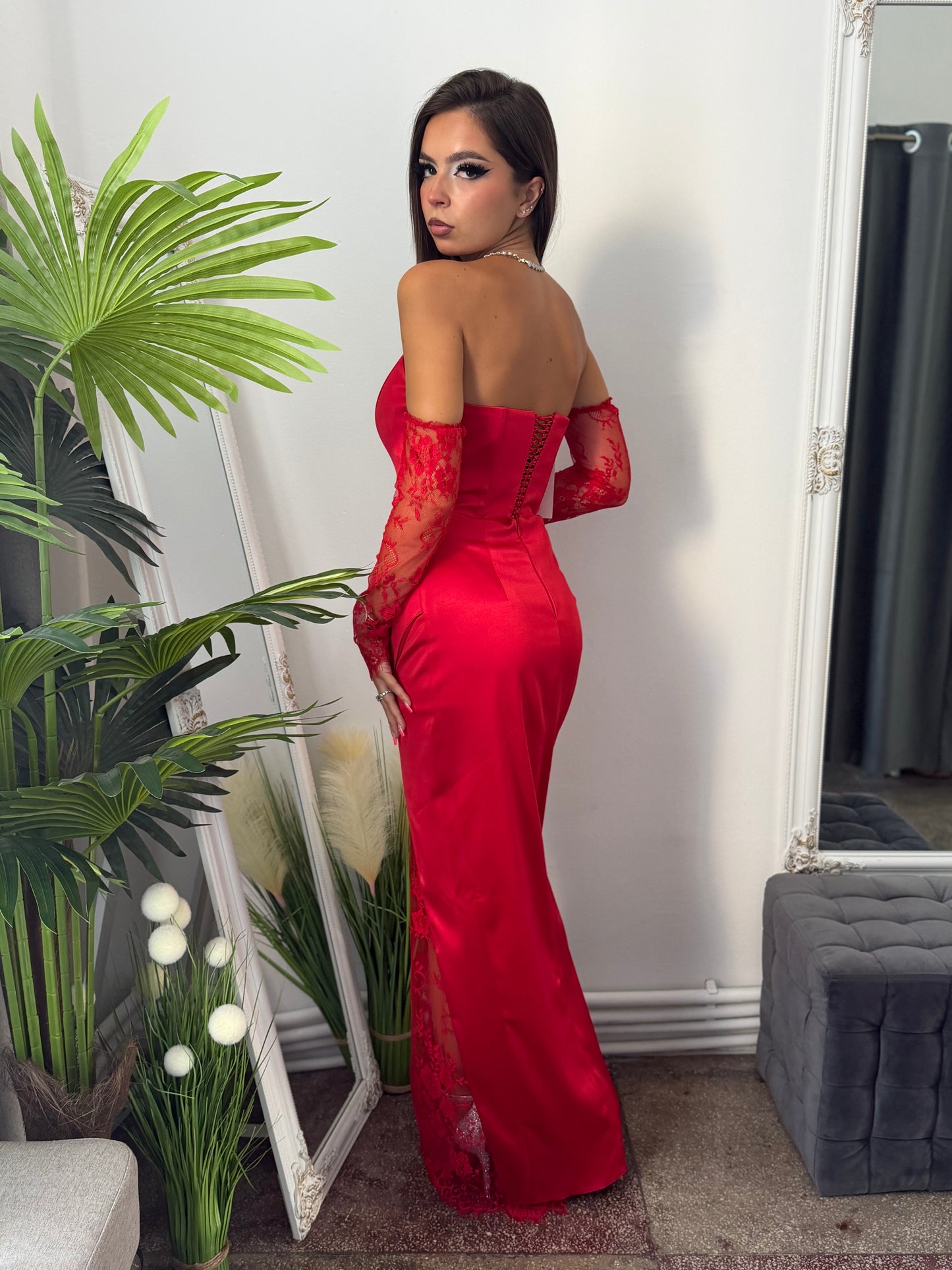 Rochie din tafta și dantelă roșie ELEGANCE