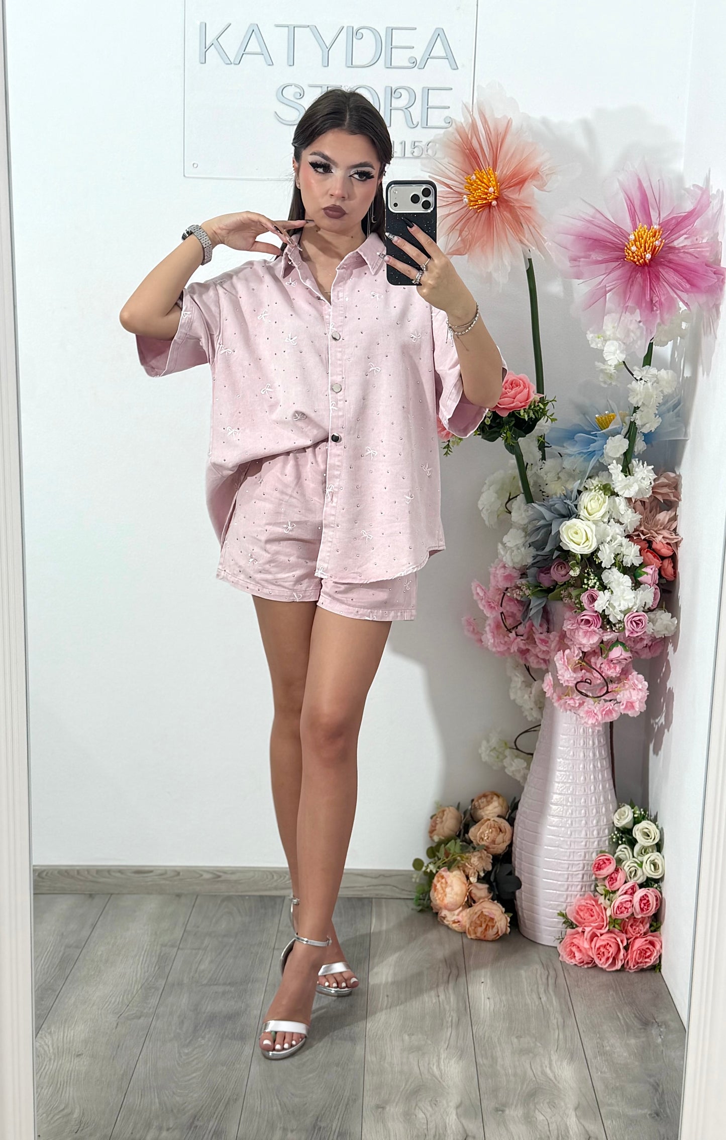 Compleu din denim roz Claudia