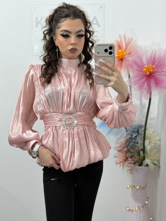 Cămașă elegantă din satin pentru femei, cu mâneci lungi și talie marcată ROZ