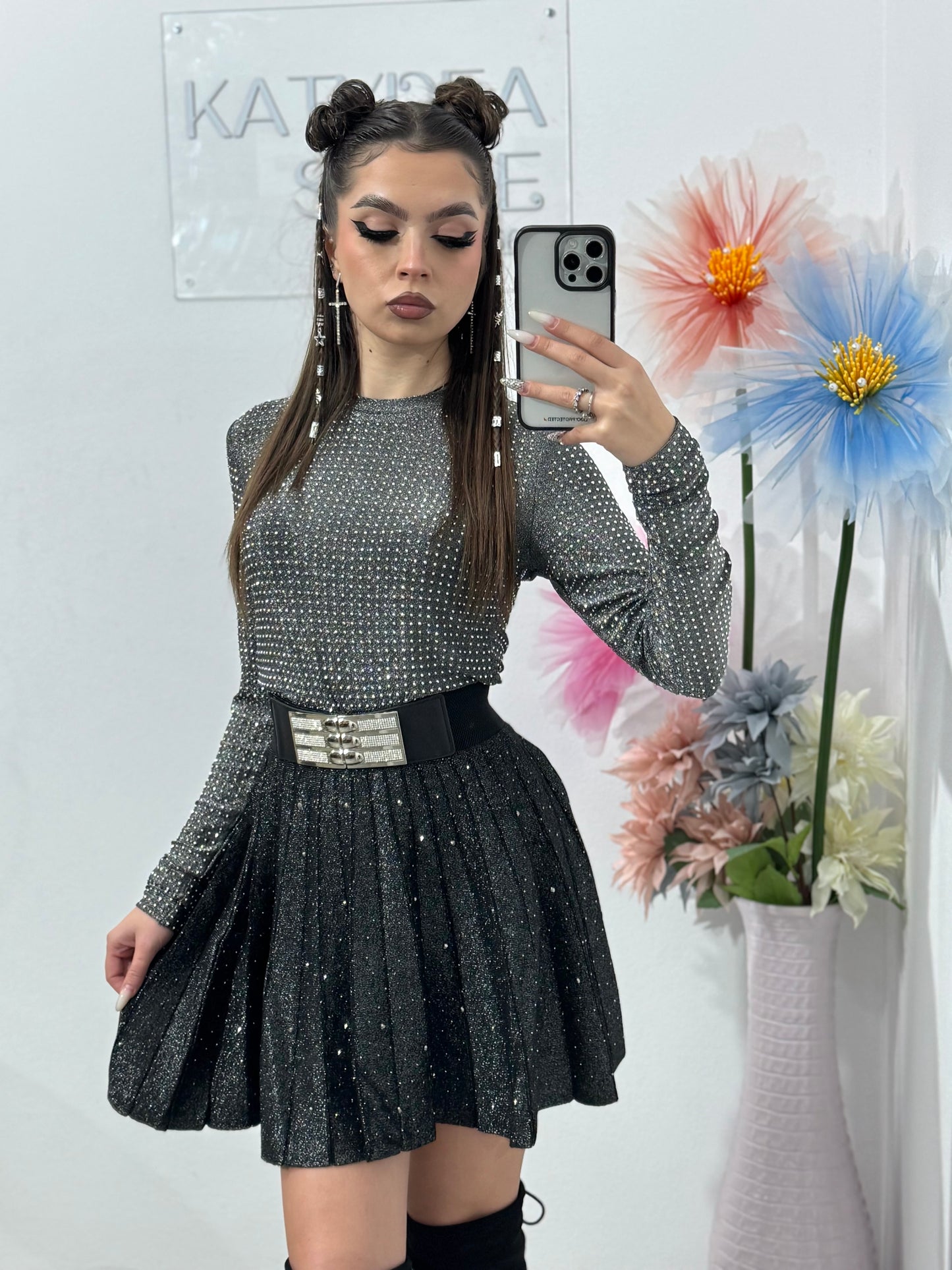 Fustă plisată din tricot cu cristale ANA