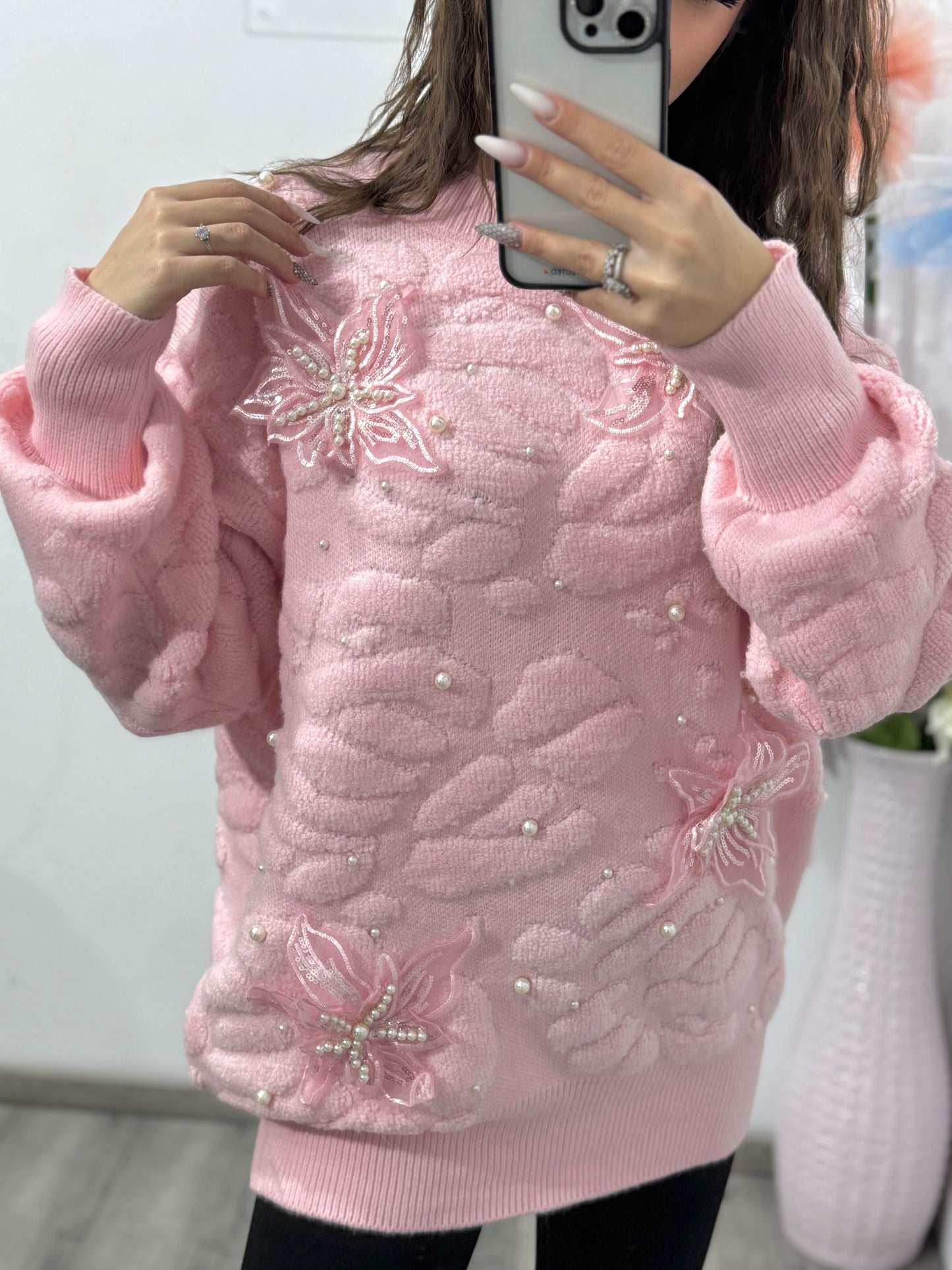 Pulover cu perle și flori 3D ELLA