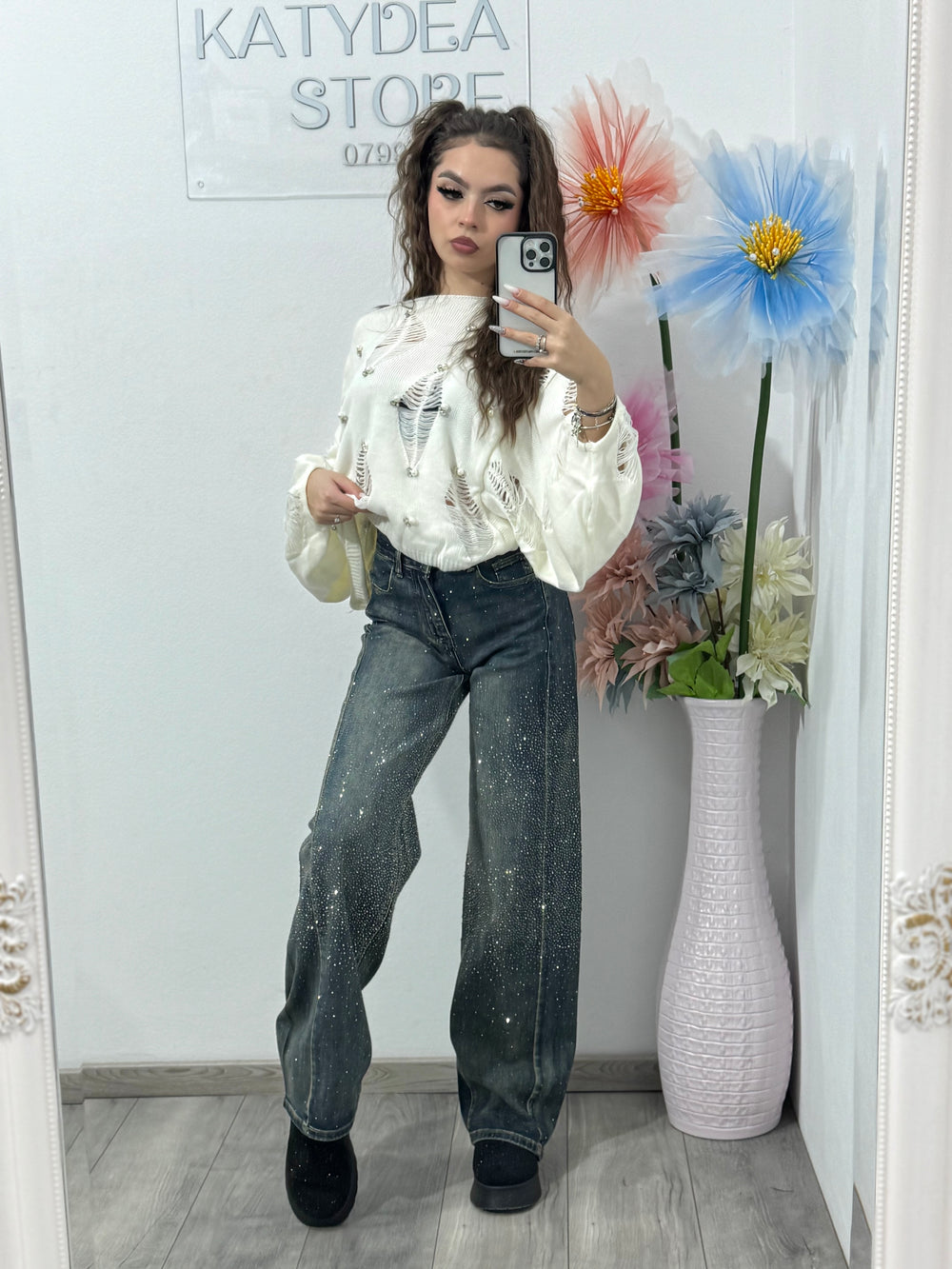 Jeans WIDELEG full cristale ștanțate HELLENA